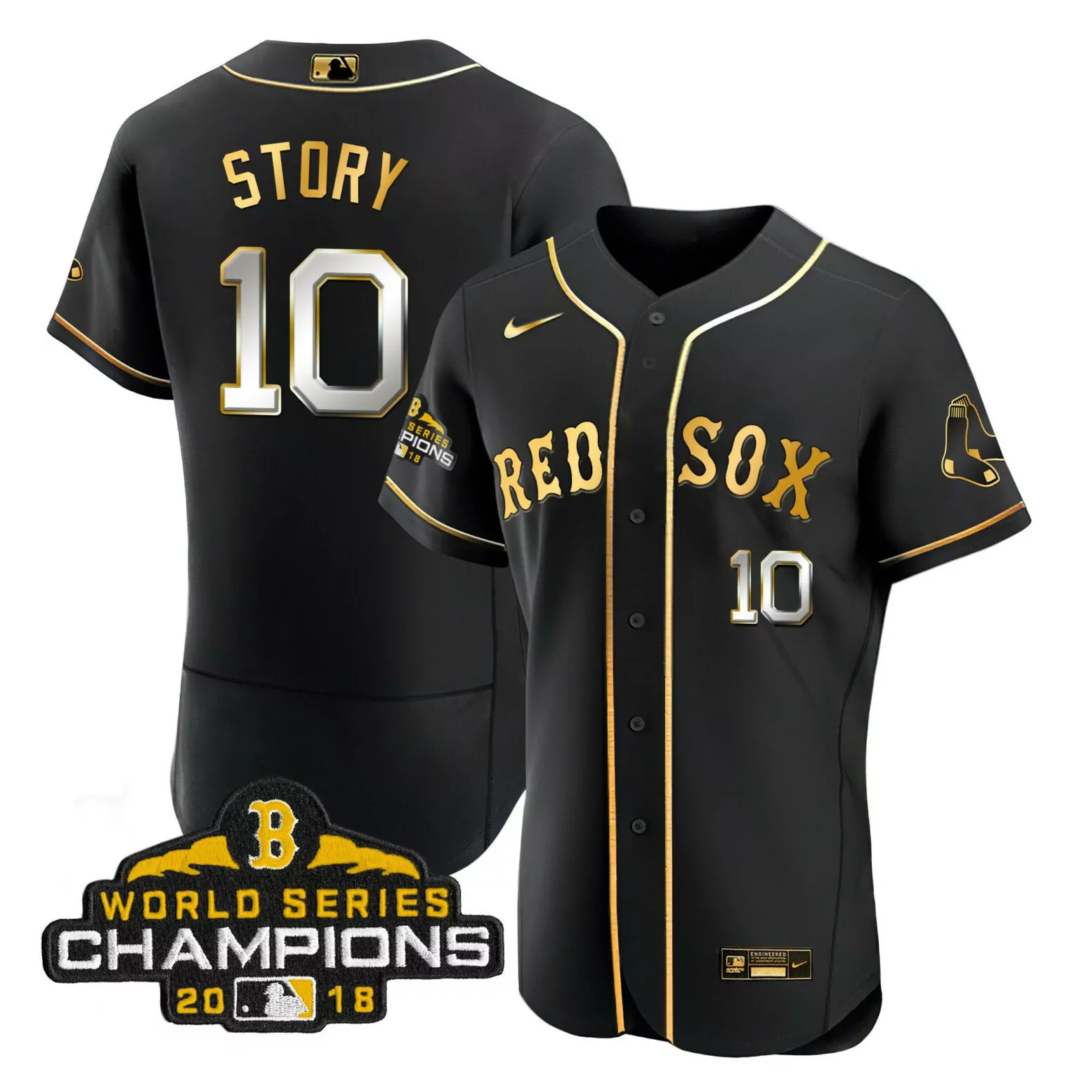 Trevor Story 10 Red Sox Jersey Black World Series Champions 2018 Men Gold White Flex