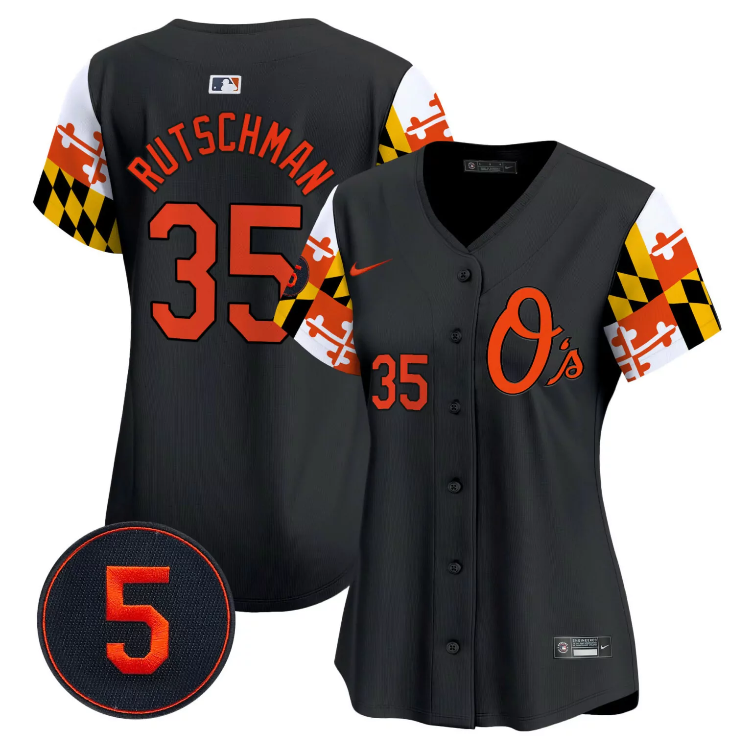 Adley Rutschman 35 Orioles Jersey Black Split Design Orange White Yellow Red v5 All