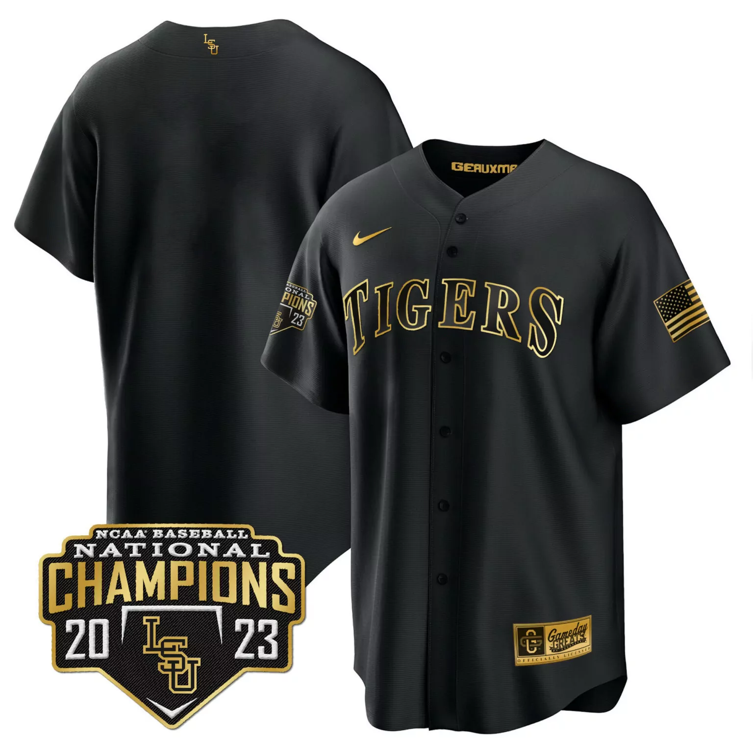 Lsu Jersey Black Ncaa Baseball National Champions 2023 Us Flag Men Gold Cool v5 All