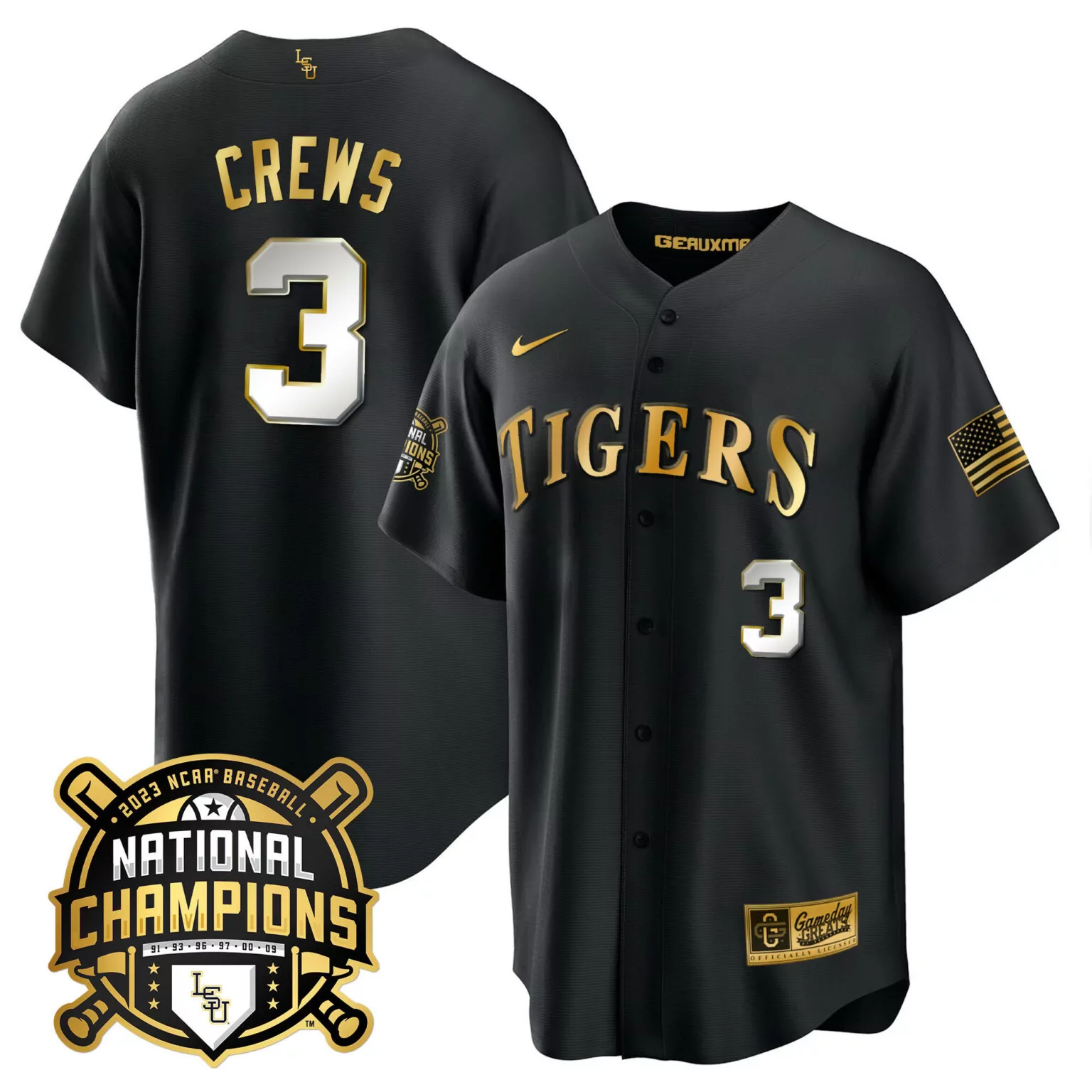 Dylan Crews 3 Tigers Jersey Black 2023 National Champions Baseball American Flag