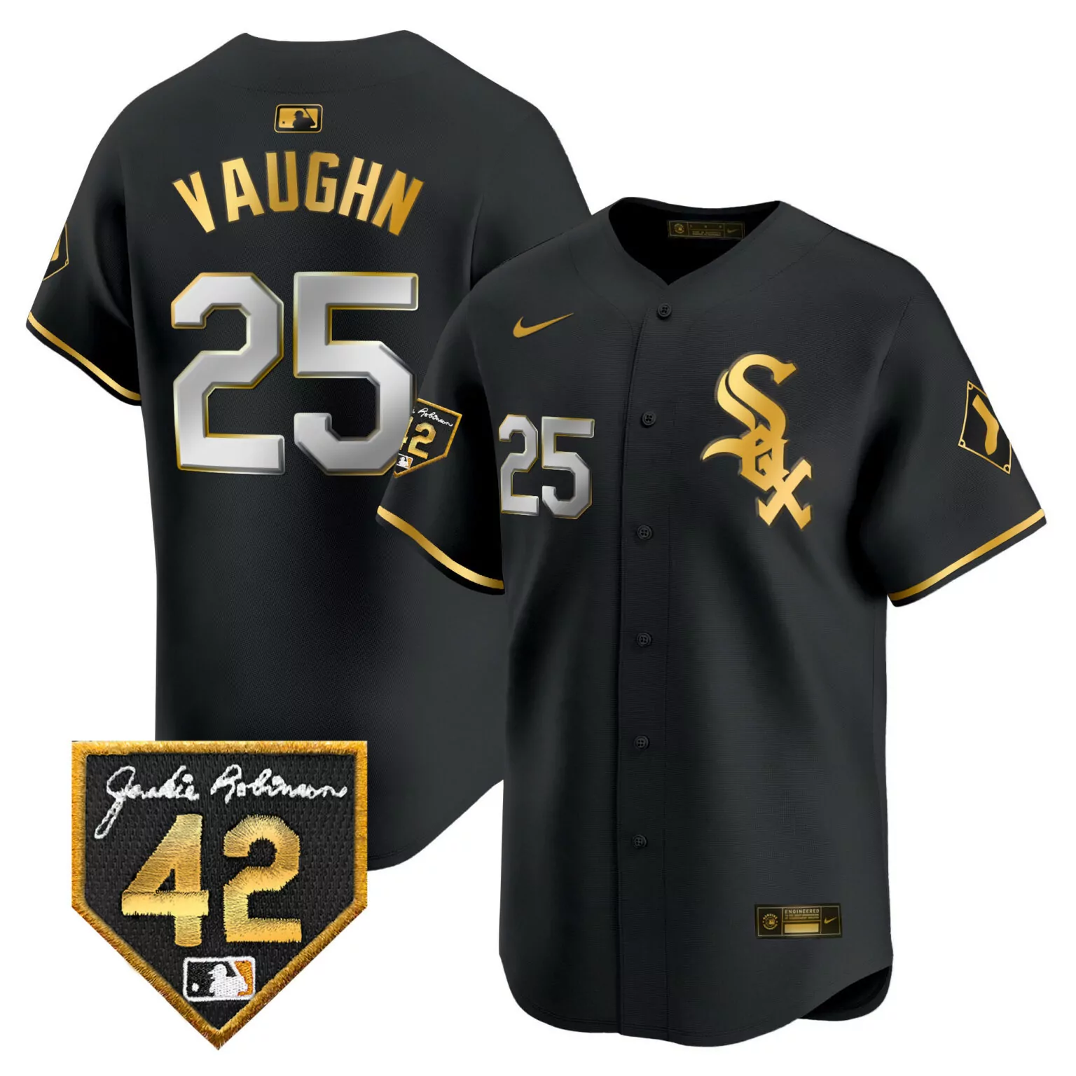 Andrew Vaughn 25 Jersey Black Jackie Robinson Day Chicago White Sox 42 Men Gold Silver