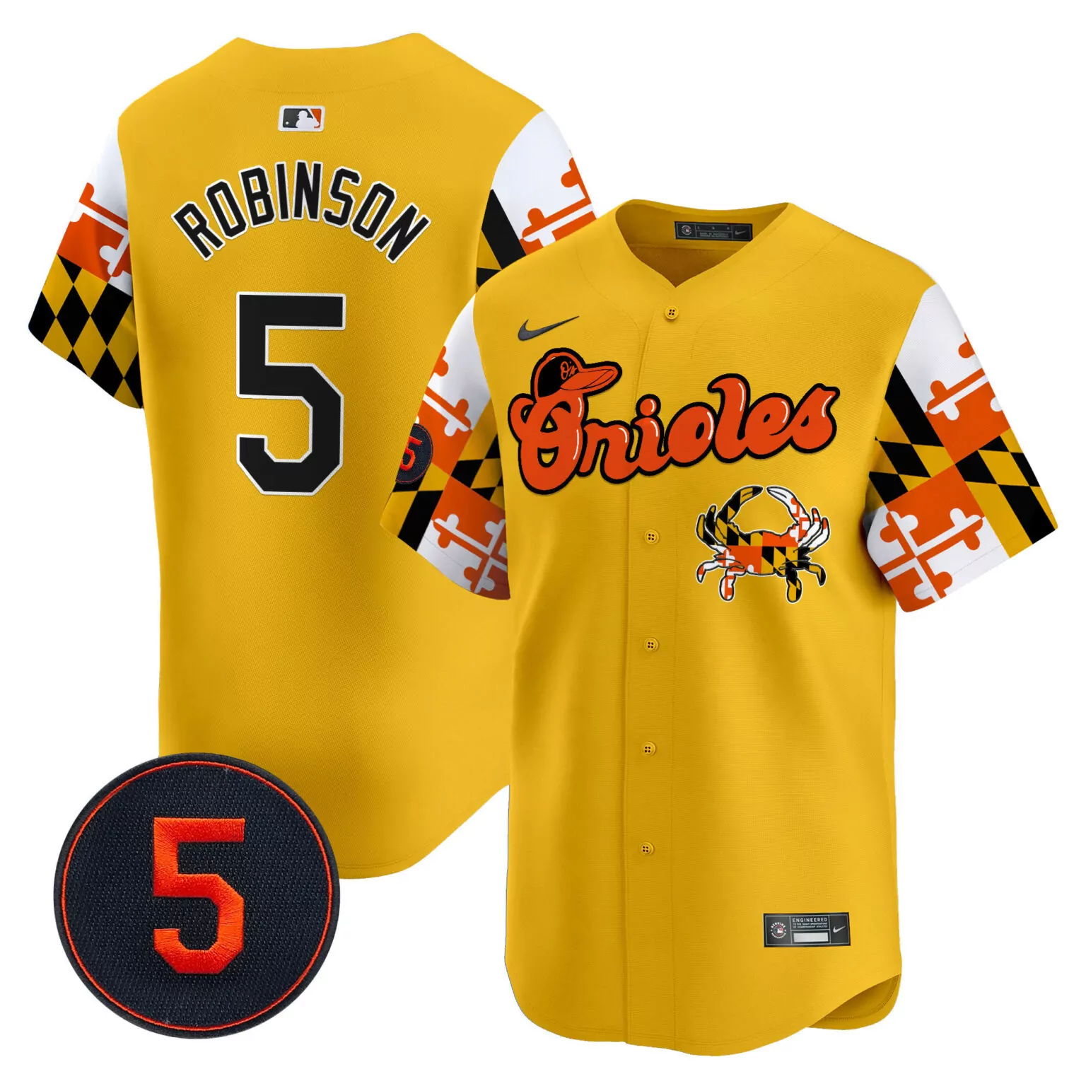 Brooks Robinson 5 Orioles Jersey Yellow Men Alternate Split Design Orange Black White