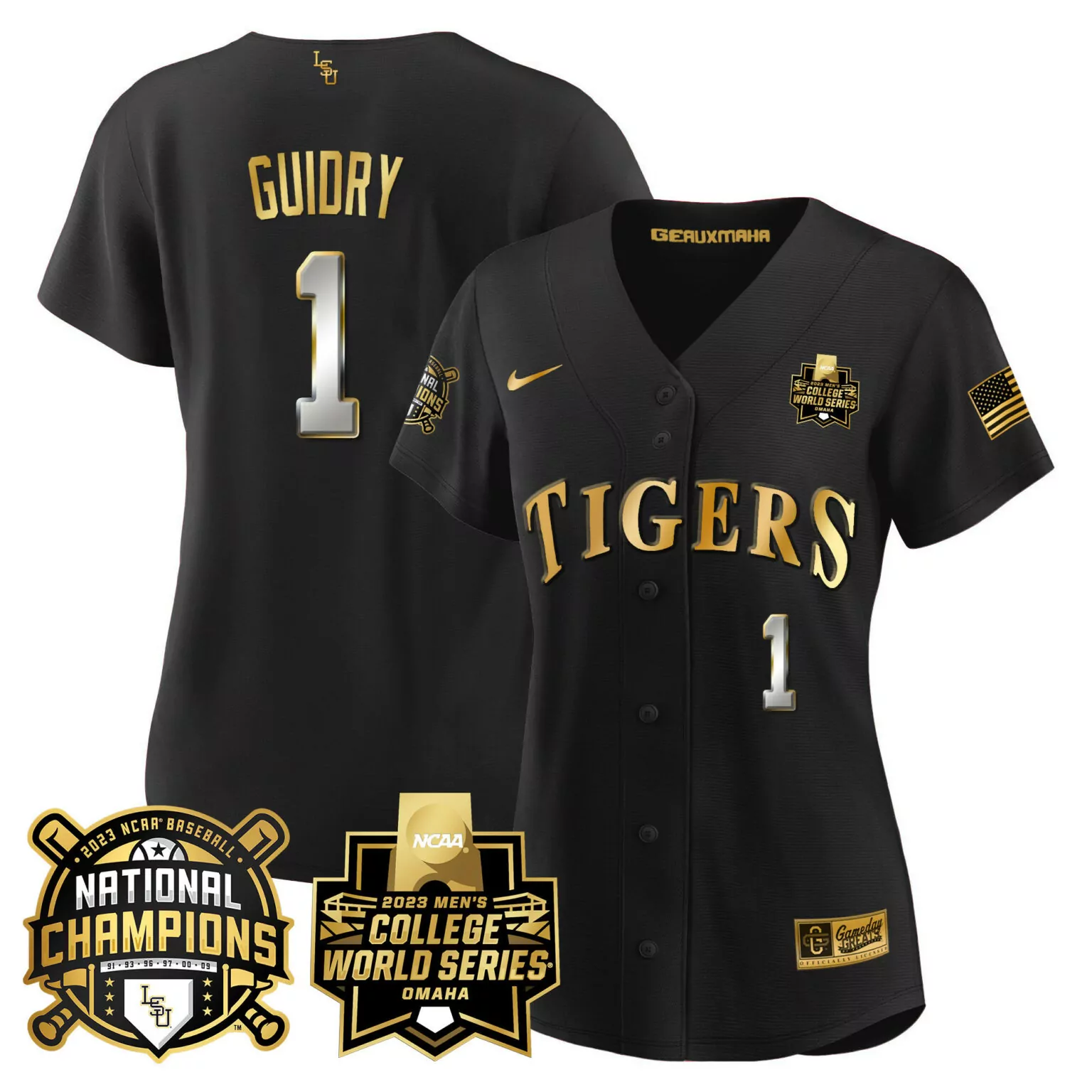 Weylin Guidry 1 Lsu Tigers Jersey Black 2023 Men's College World Series Baseball National Champions American Flag