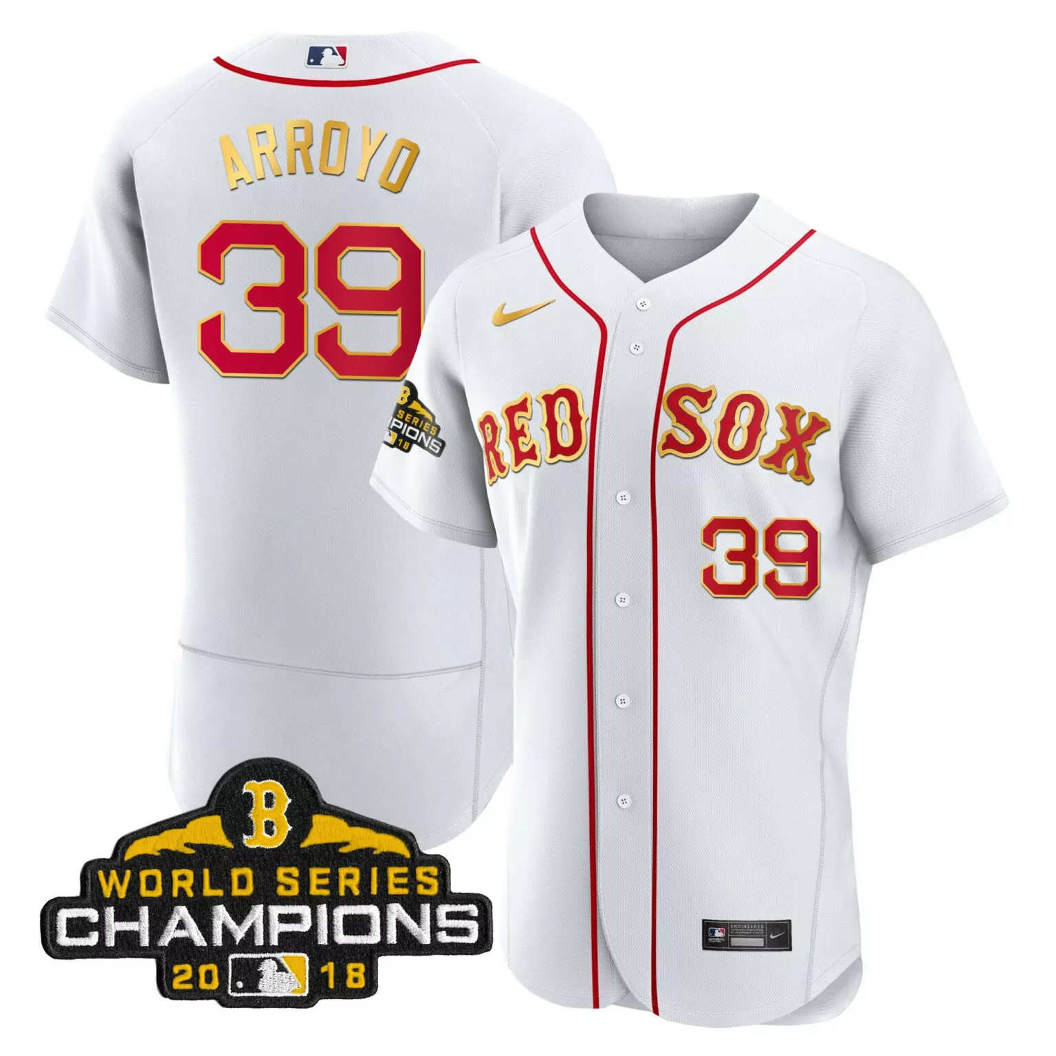 Christian Arroyo 39 Red Sox Jersey White World Series Champions 2018 Men Gold Flex