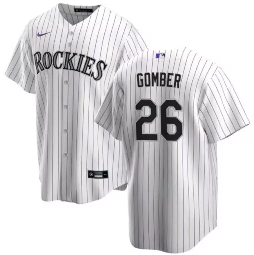 A Gomber 26 Rockies Jersey White Men Pinstripe Black Purple Cool Base Stitched