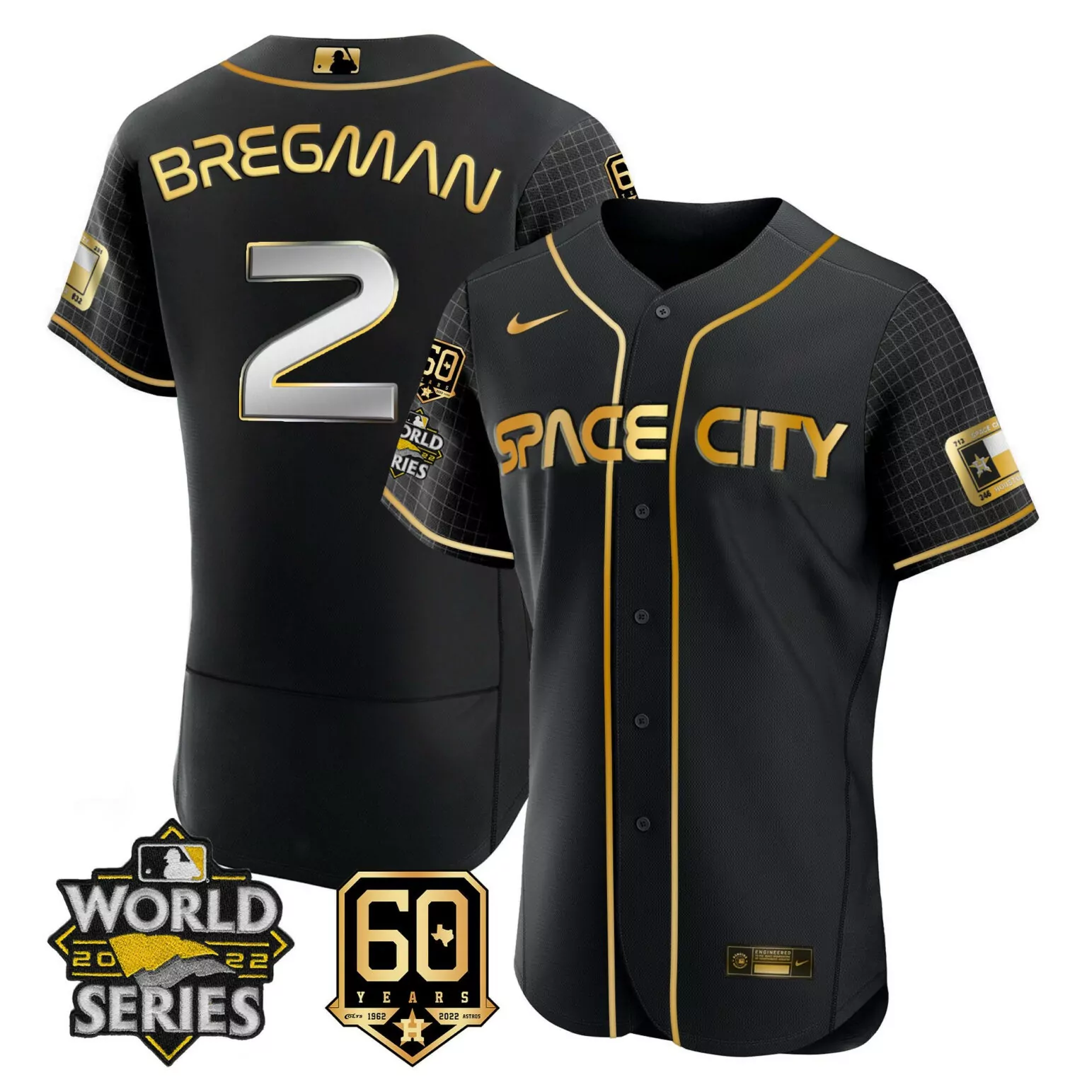 Alex Bregman 2 Astros Jersey Black Space City World Series 2022 60 Years 1962-2022
