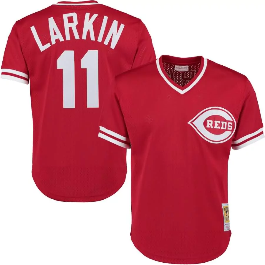 Barry Larkin 11 Cincinnati Reds Jersey Red Men White Throwback Cooperstown