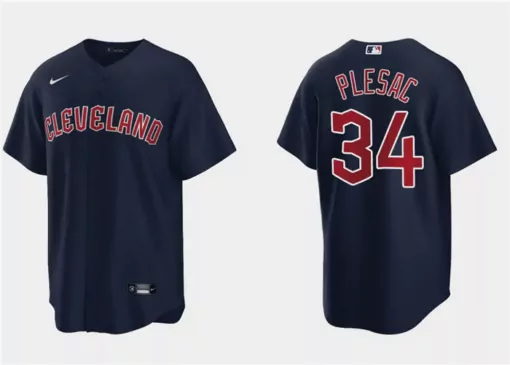 Zach Plesac 34 Cleveland Jersey Navy Men Red White Cool Base Stitched