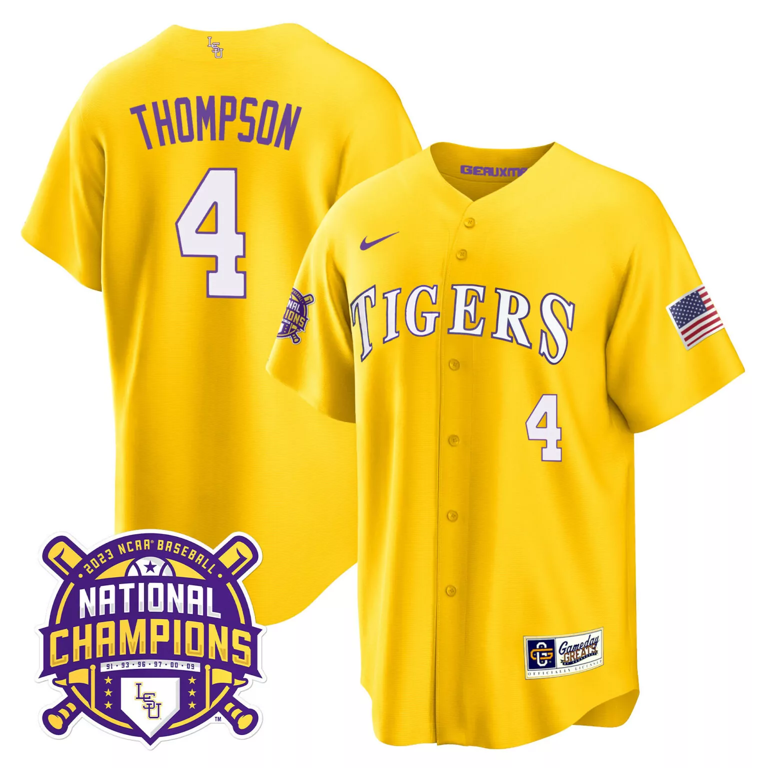 Thompson 4 Lsu Tigers Jersey Yellow 2023 National Champions Baseball Gameday Greats