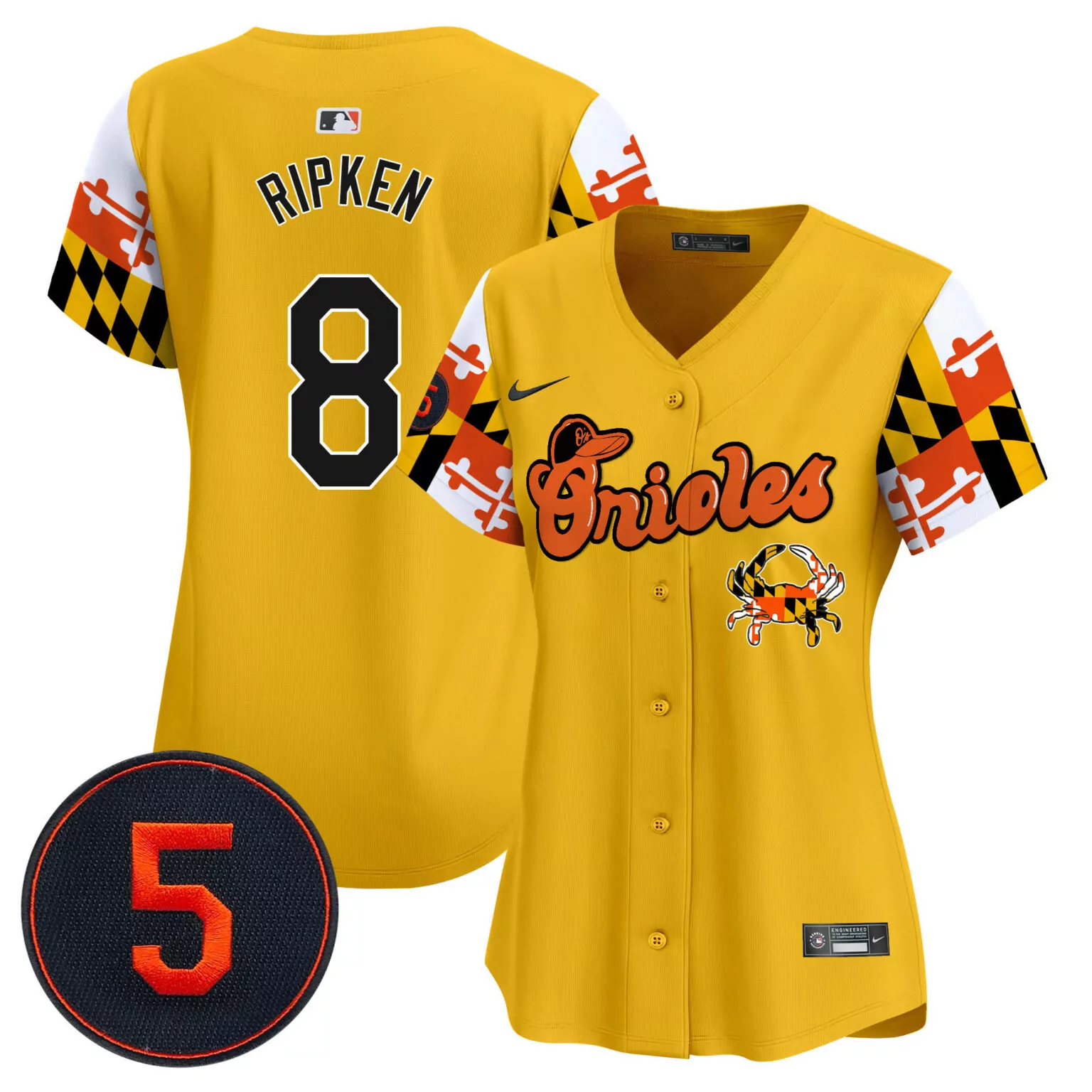 Cal Ripken 8 Orioles Jersey Yellow City Connect Maryland Flag Pattern Crab Women