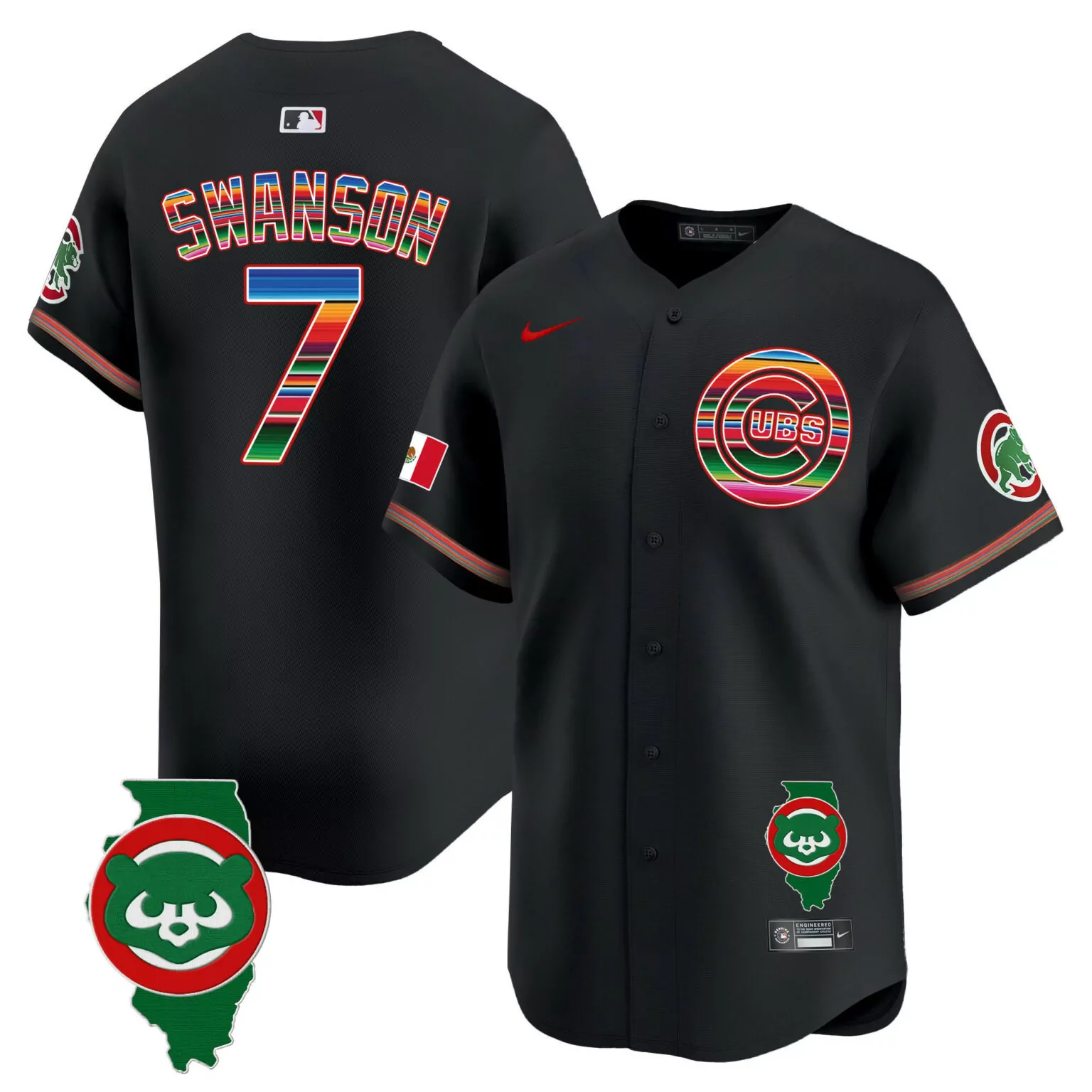 Dansby Swanson 7 Cubs Jersey Black City Connect Mexican Flag Illinois State Outline