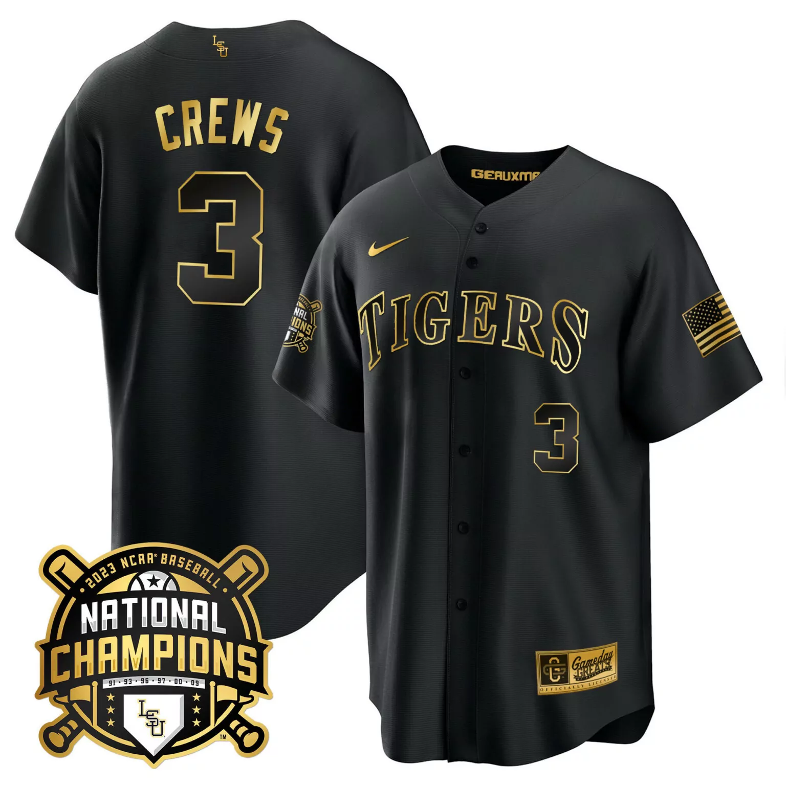 Dylan Crews 3 Tigers Jersey Black 2023 Ncaa Baseball National Champions American Flag