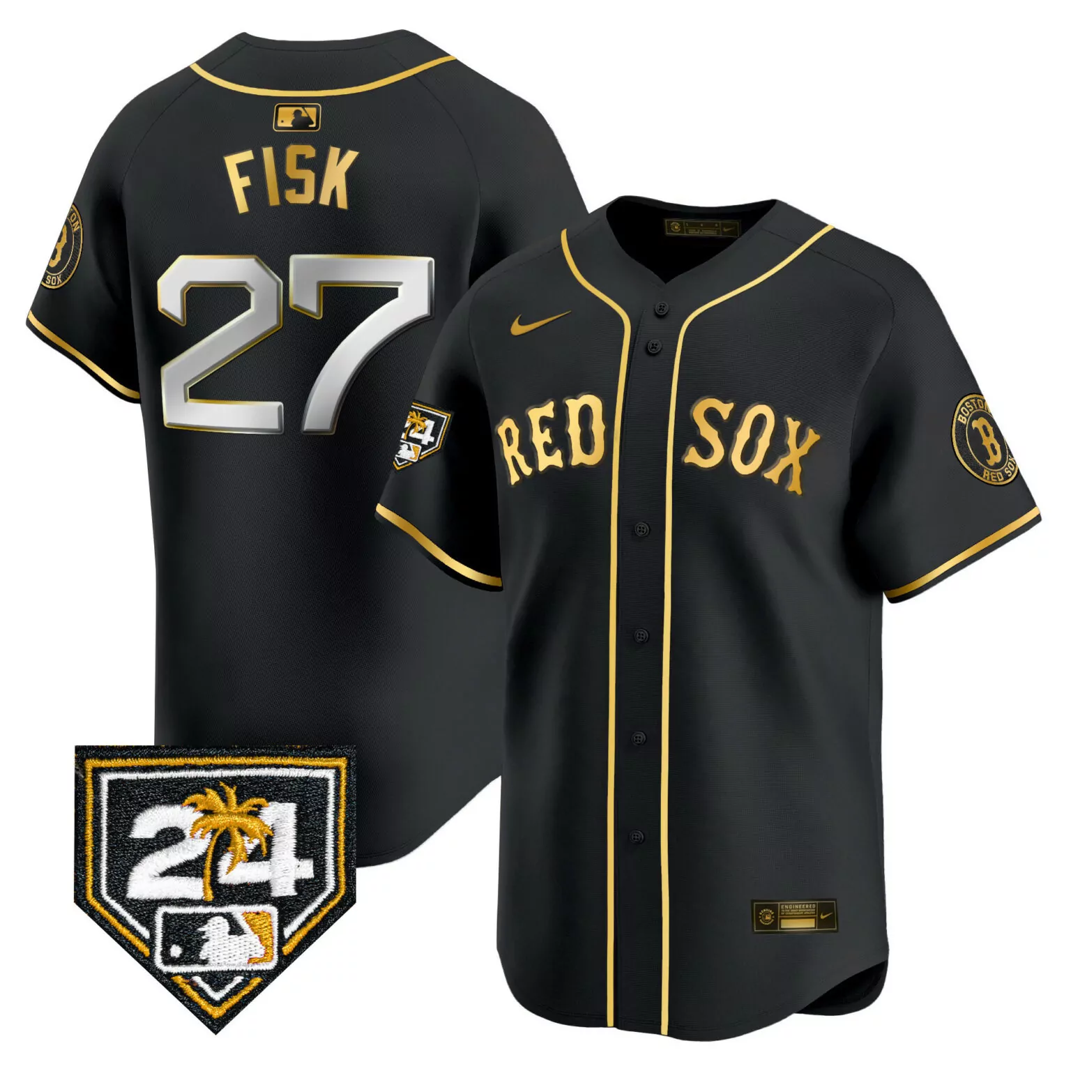 Carlton Fisk 27 Boston Red Sox Jersey Black City Connect Batterman Palm Tree Men