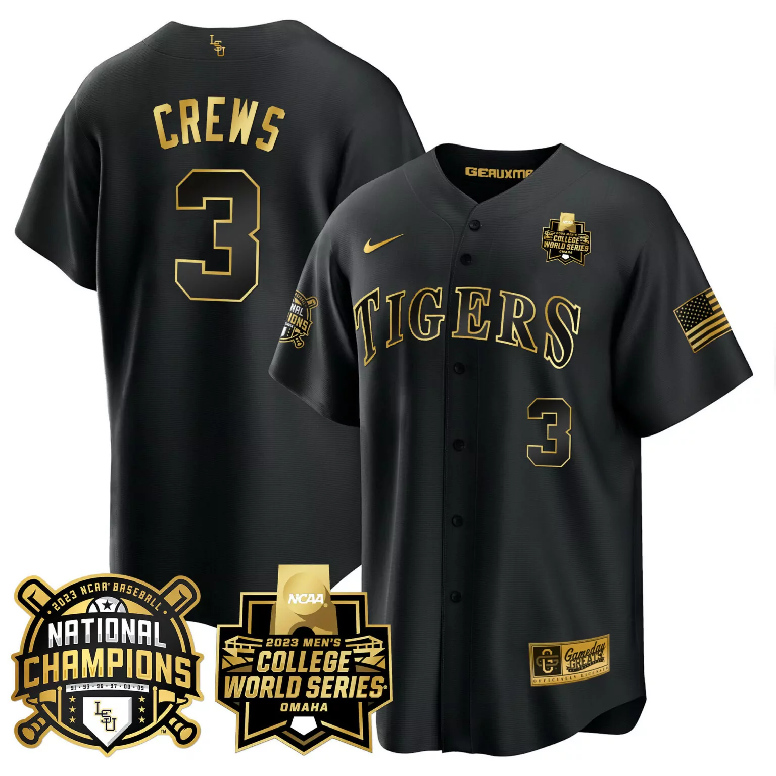 Dylan Crews 3 Tigers Jersey Black 2023 Men's College World Series National Champions