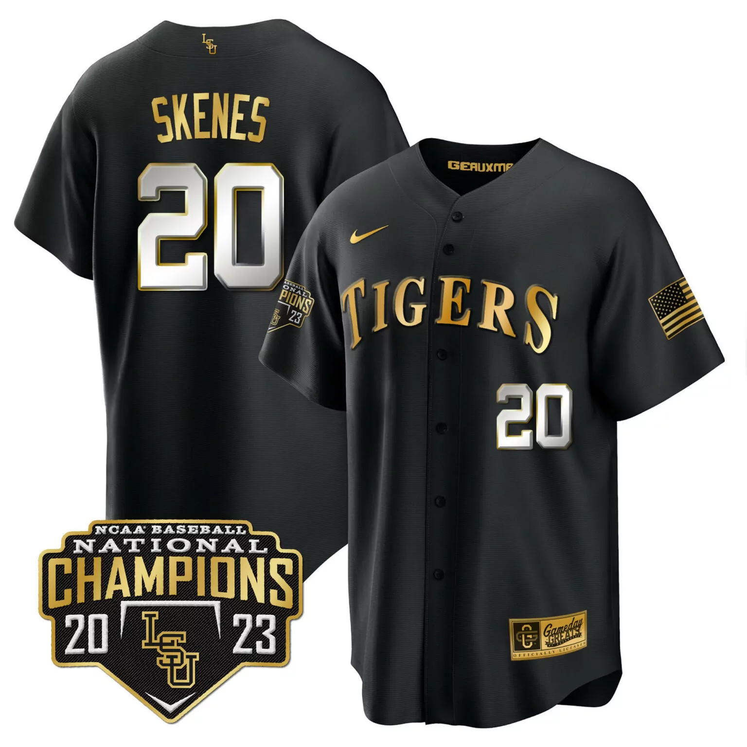 Paul Skenes 20 Tigers Jersey Black National Champions Baseball 2023 Geauxmp Men Gold