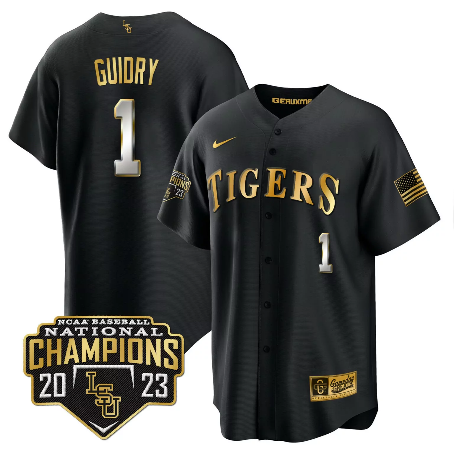 Weylin Guidry 1 Lsu Tigers Jersey Black Ncaa National Champions Baseball 2023 American Flag
