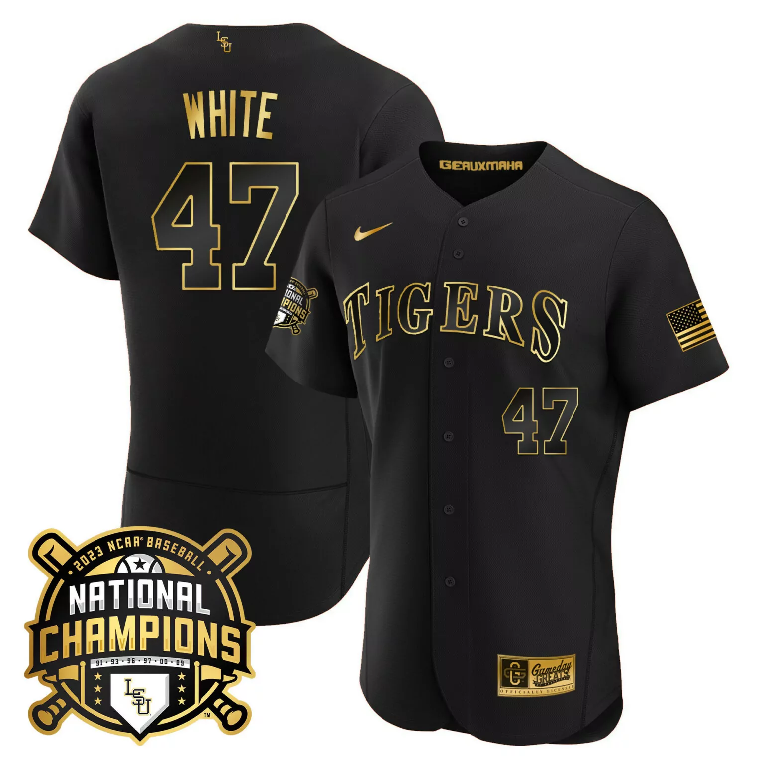 Eli White 47 Tigers Jersey Black 2023 National Champions Baseball American Flag Men
