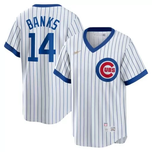 Ernie Banks 14 Cubs Jersey White Men Blue Home Cooperstown Collection