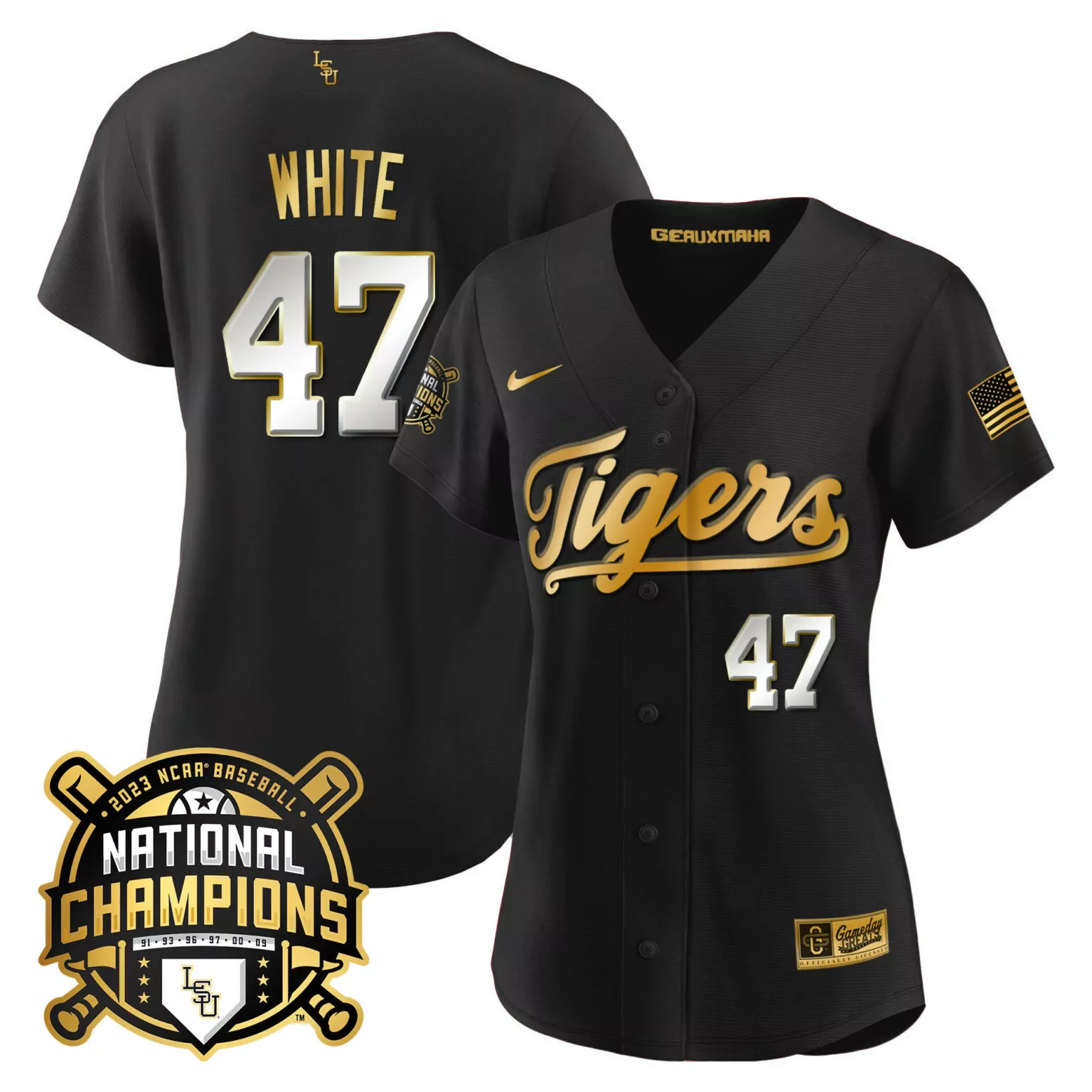 Eli White 47 Lsu Tigers Jersey Black National Champions 2023 Baseball Women Gold