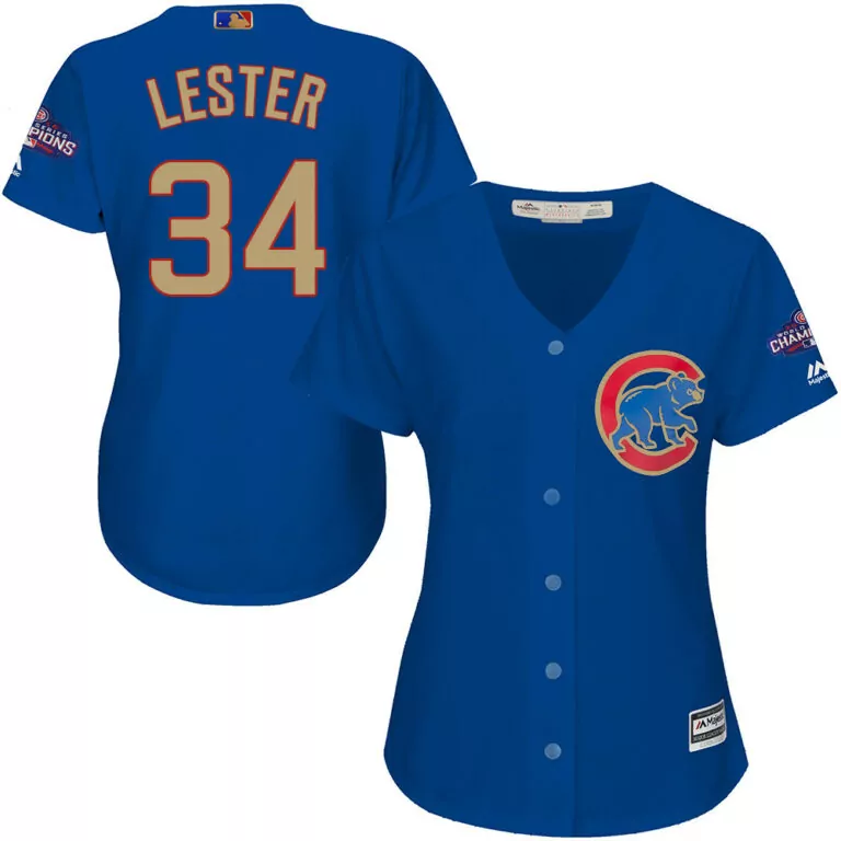 Jon Lester 34 Cubs Jersey Blue World Series Champions Women Gold Red Cool Base