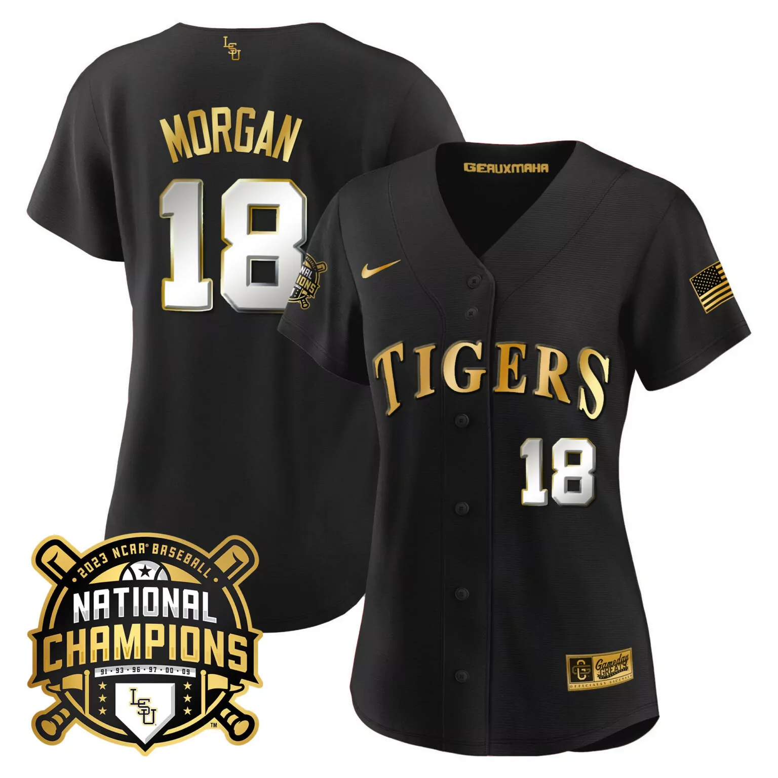 Tre Morgan 18 Tigers Jersey Black National Champions 2023 Baseball American Flag