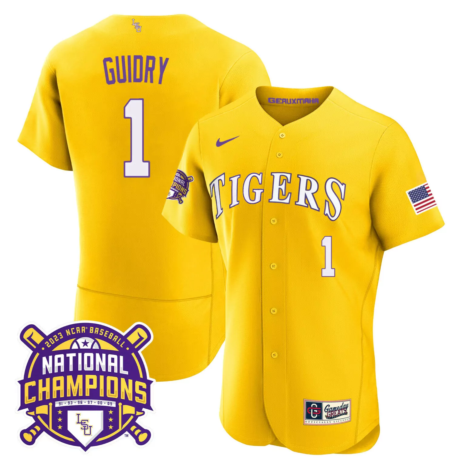 Weylin Guidry 1 Lsu Tigers Jersey Yellow National Champions 2023 Baseball Gameday Greats Officially Licensed