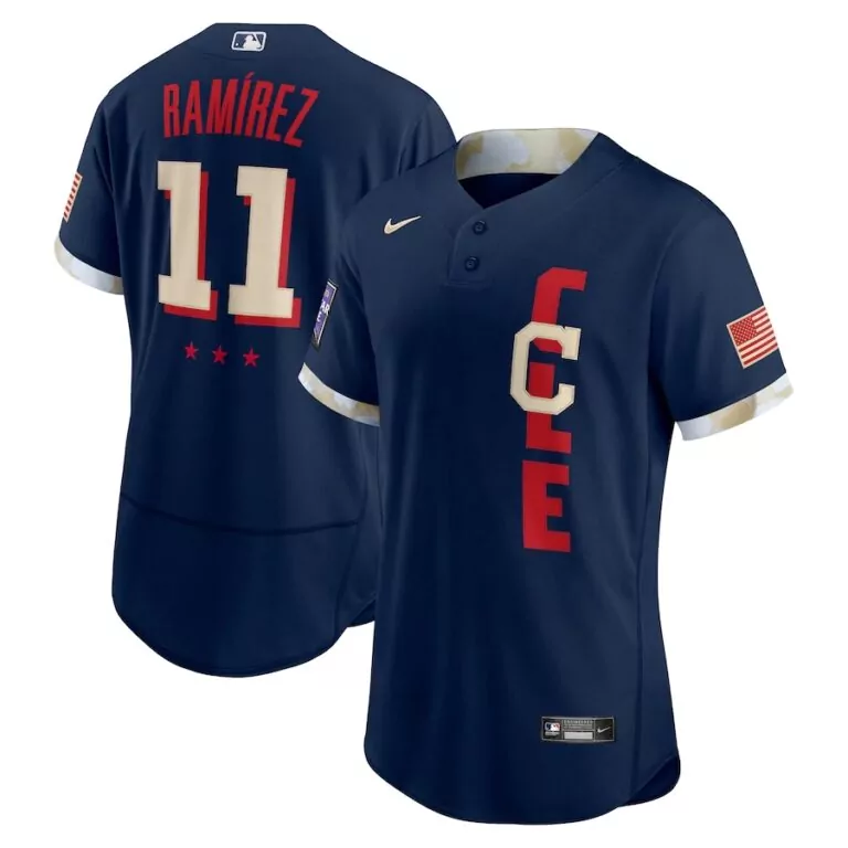 Jose Ramirez 11 Jersey Navy Blue Cleveland Guardians American Flag Men MLB Split Design