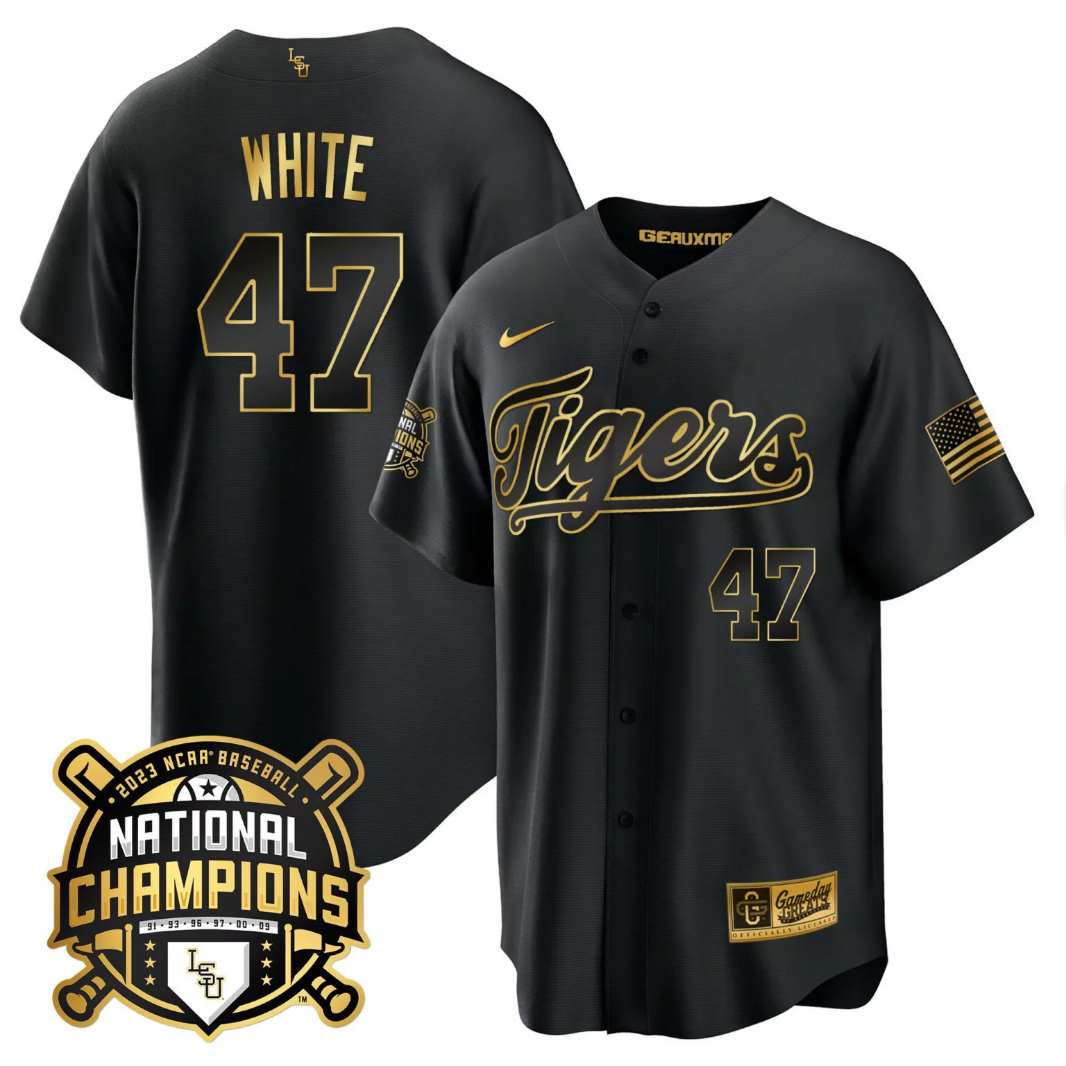 Eli White 47 Lsu Tigers Jersey Black 2023 National Champions Baseball Men Gold Cool
