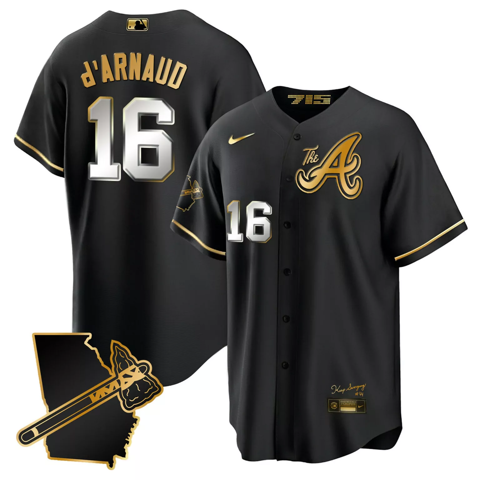 Travis Darnaud 16 Atlanta Braves Jersey Black 75th Anniversary Men Gold All Stitched