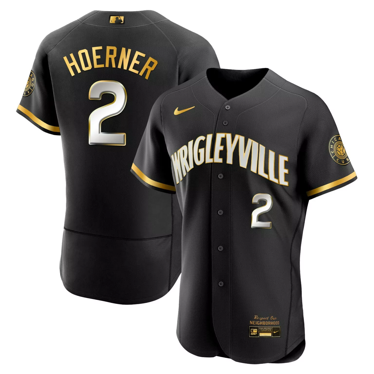 Nico Hoerner 2 Chicago Cubs Jersey Black Respect Our Neighborhood Men Gold Flex All
