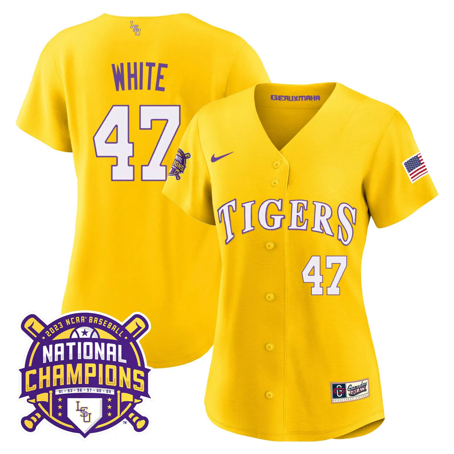 Eli White 47 Lsu Tigers Jersey Yellow 2023 National Champions Baseball Men Purple