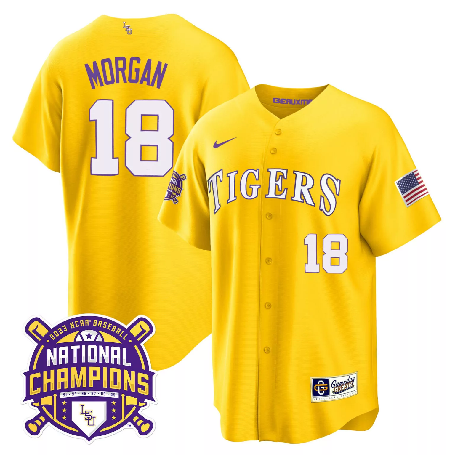 Tre Morgan 18 Lsu Tigers Jersey Yellow 2023 Baseball National Champions Men Purple