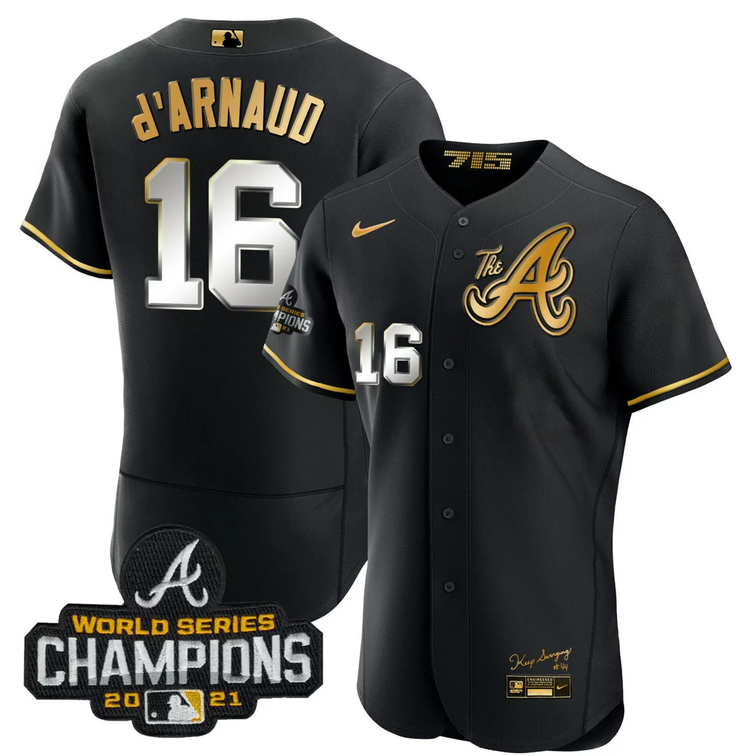 Travis Darnaud 16 Atlanta Braves Jersey Black World Series Champions 2021 Men Gold