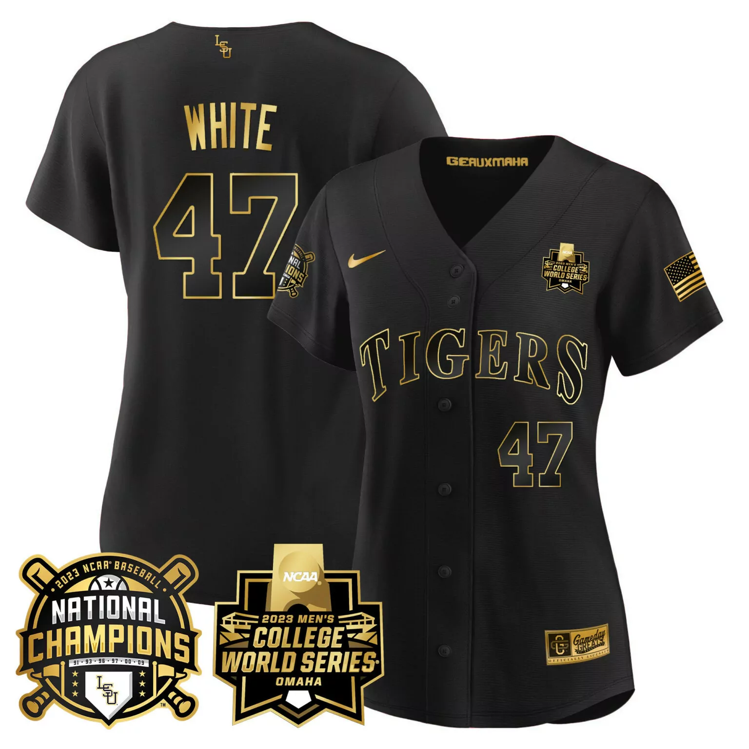 Eli White 47 Tigers Jersey Black 2023 Men's College World Series Baseball National Champions