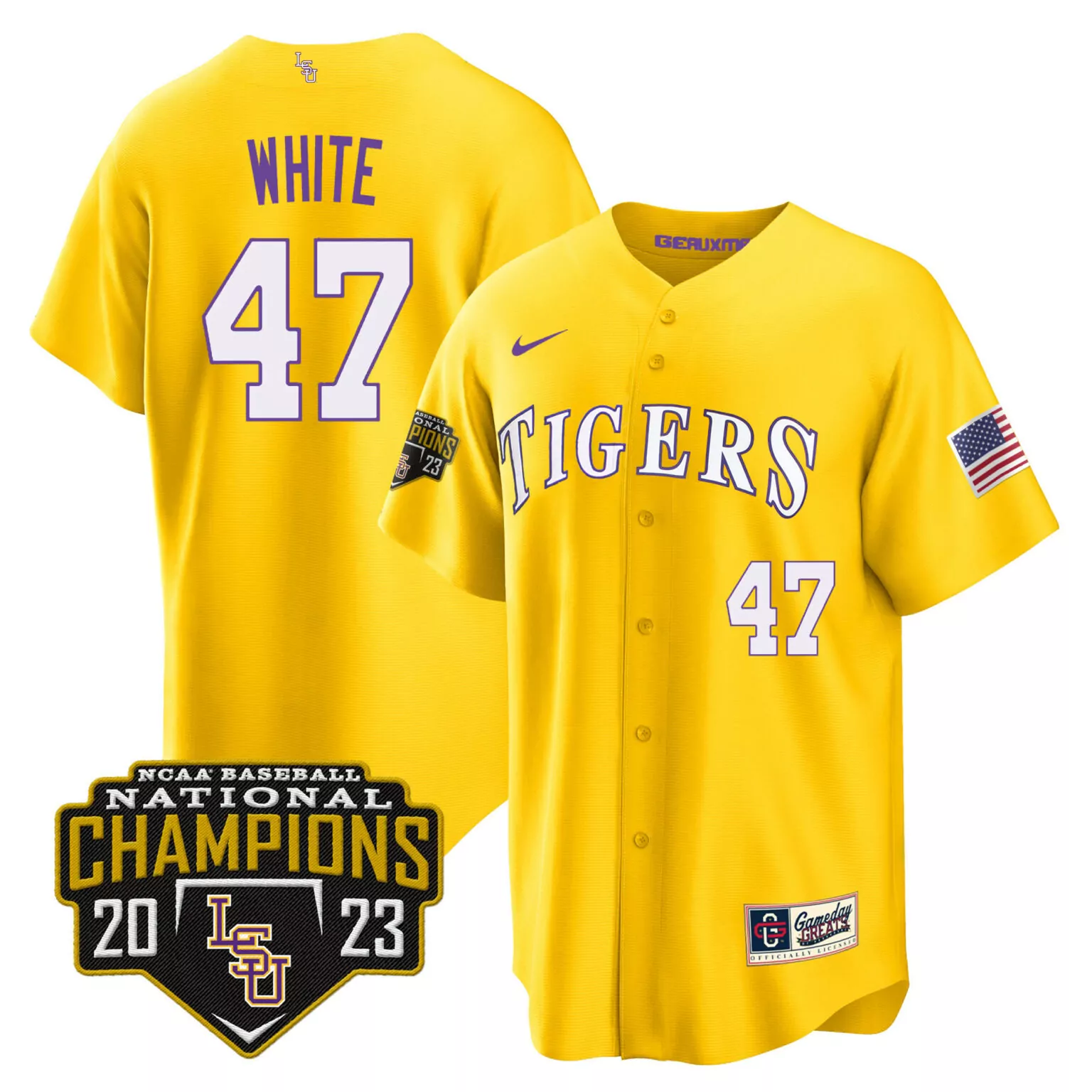 Eli White 47 Lsu Tigers Jersey Yellow Ncaa Baseball National Champions 2023 Us Flag Gameday Greats