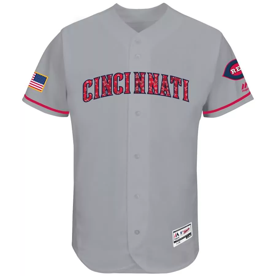 Custom Cincinnati Reds Jersey Gray American Flag Men Alternate Red Navy Collection