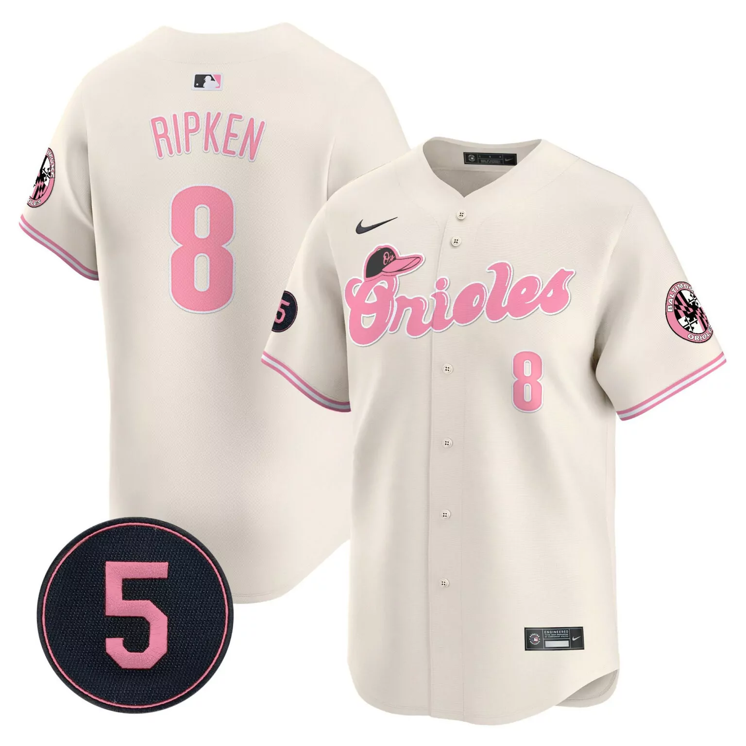 Cal Ripken 8 Orioles Jersey Cream Mother's Day Baltimore Number Men Pink Black Unisex