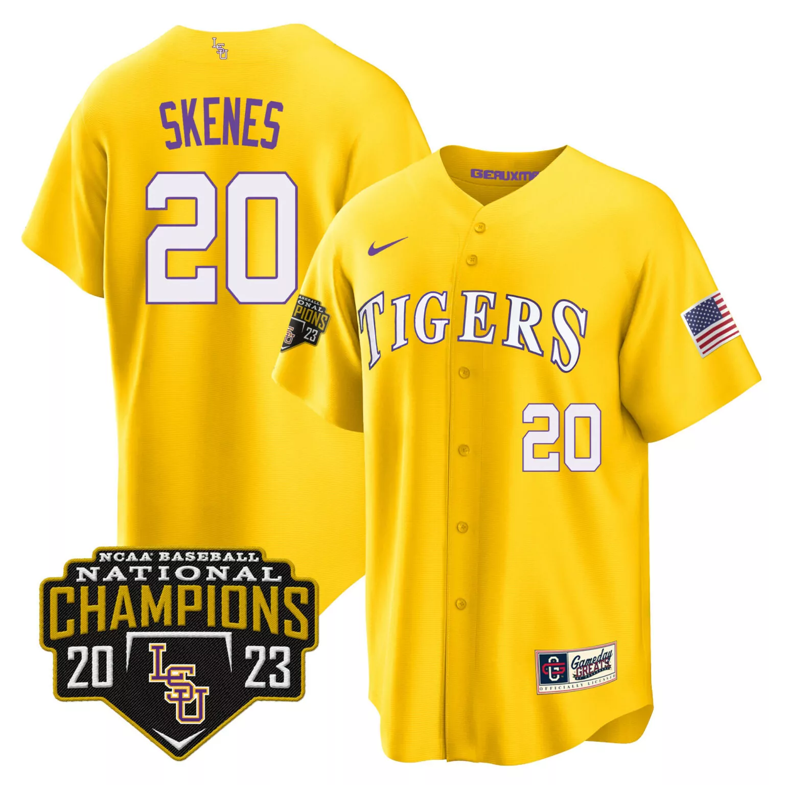 Paul Skenes 20 Lsu Tigers Jersey Yellow Ncaa Baseball National Champions 2023 American Flag Gameday Greats Officially Licensed
