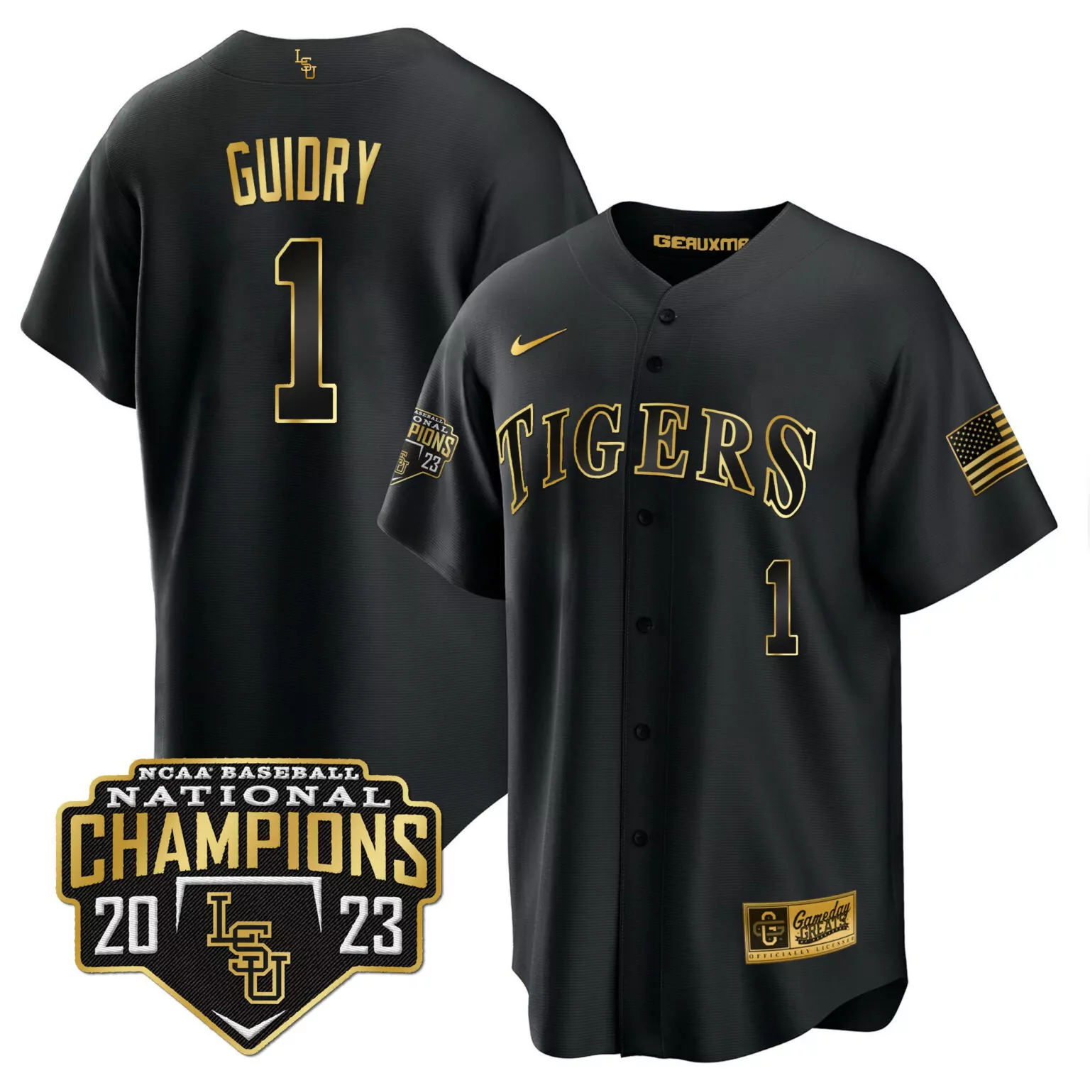 Weylin Guidry 1 Tigers Jersey Black Baseball National Champions 2023 Us Flag Men