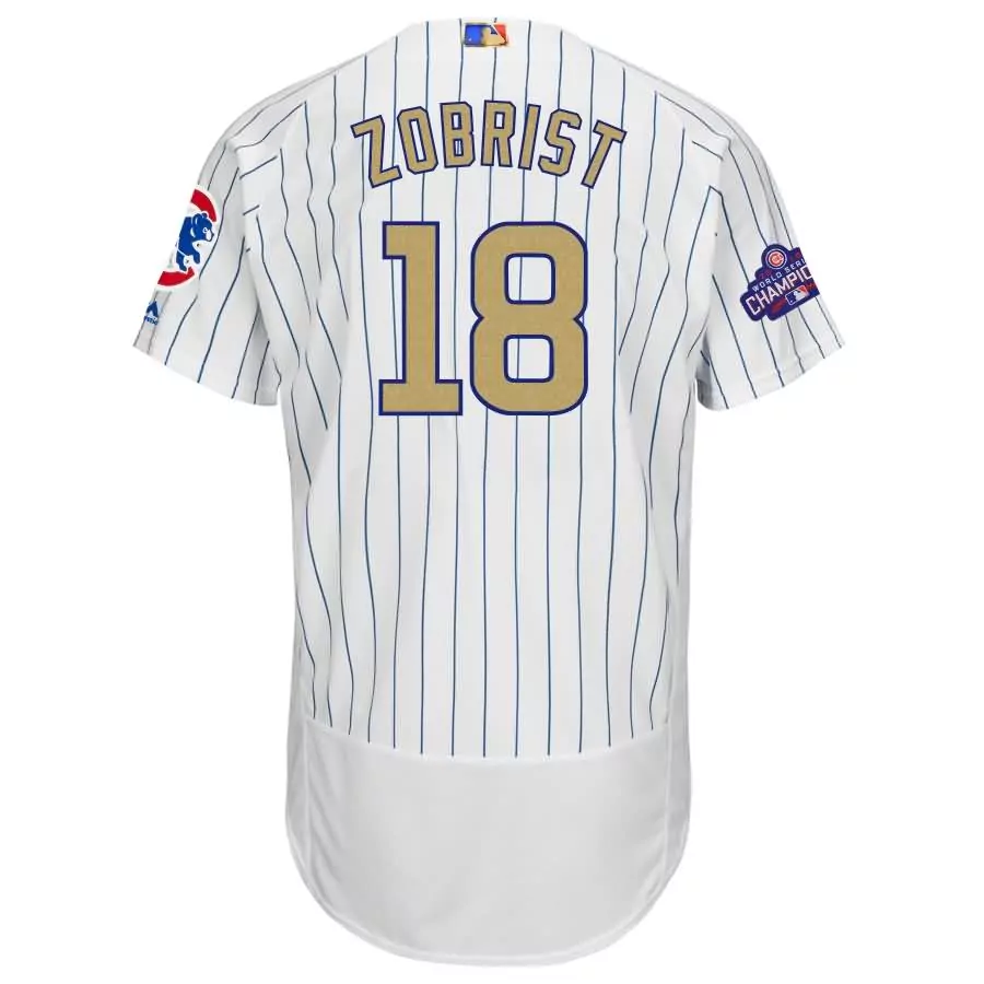 Ben Zobrist 18 Cubs Jersey White World Series Champions Men Pinstripe Blue Gold Flex