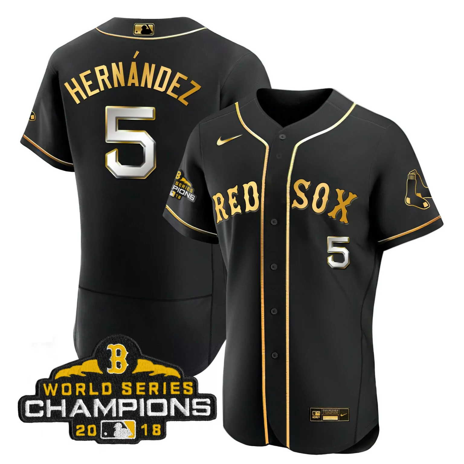 Enrique Hernandez 5 Red Sox Jersey Black 2018 World Series Champions Men Gold Flex