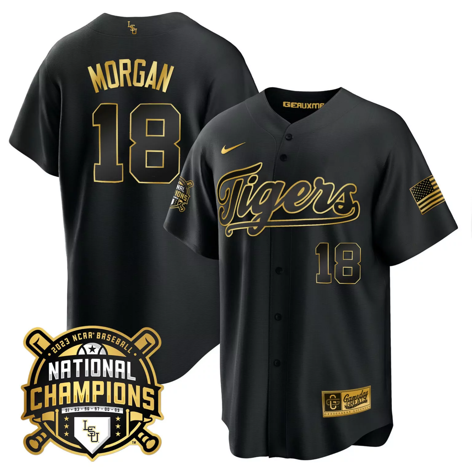 Tre Morgan 18 Tigers Jersey Black National Champions 2023 Baseball American Flag