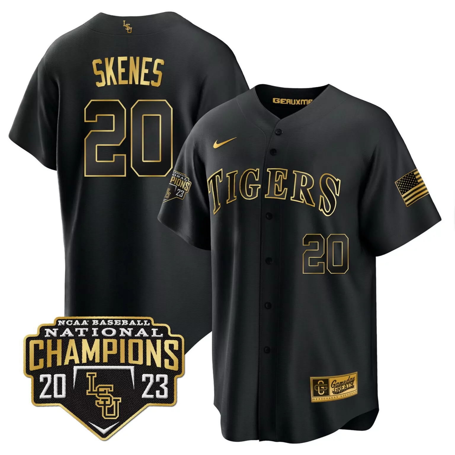 Paul Skenes 20 Tigers Jersey Black National Champions Baseball 2023 Geauxmp Men Gold