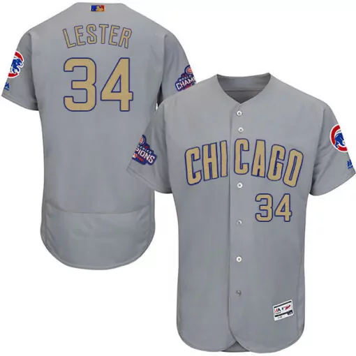 Jon Lester 34 Chicago Cubs Jersey Grey World Series Champions 2016 Men Blue Tan