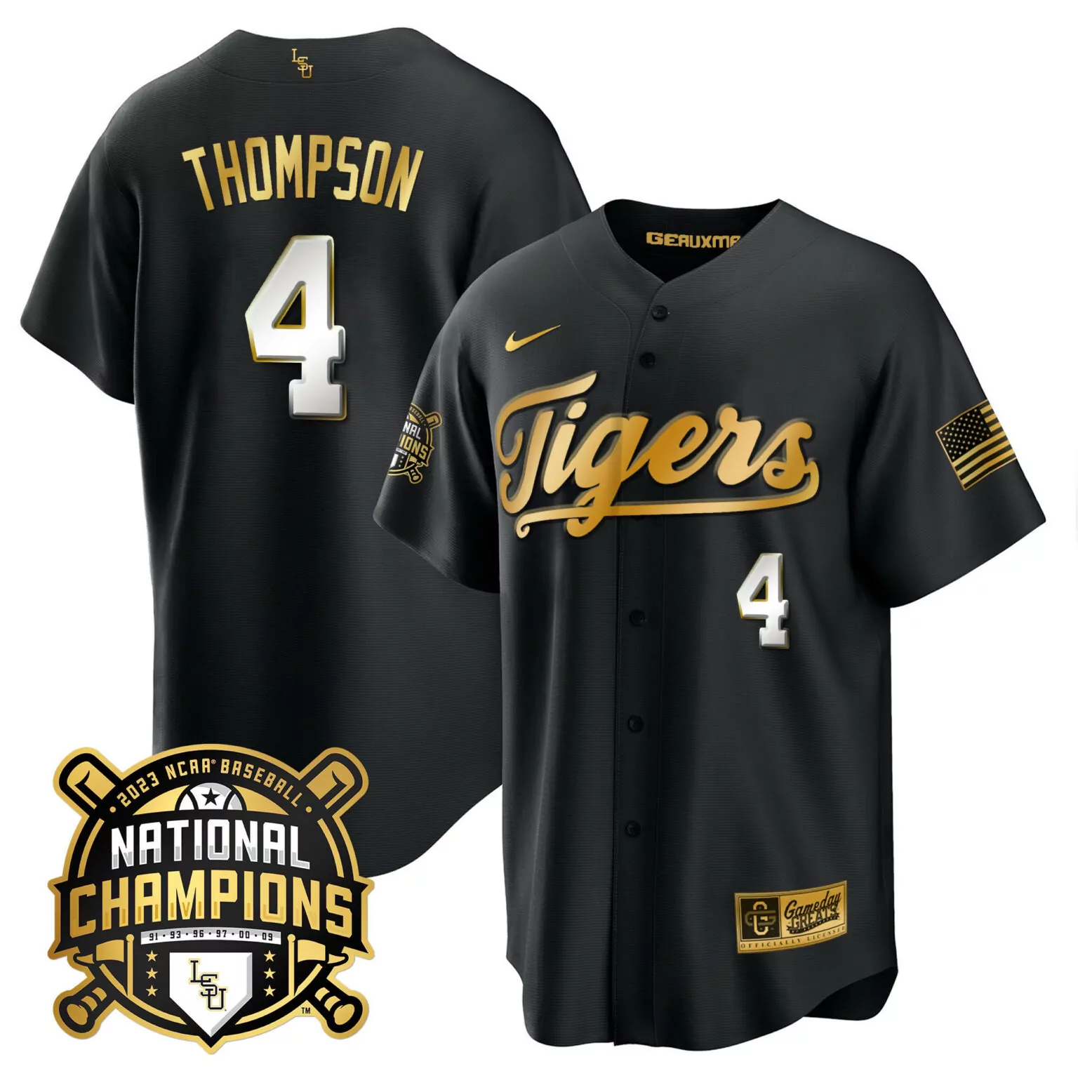 Thompson 4 Tigers Jersey Black 2023 National Champions Baseball Us Flag Men Gold