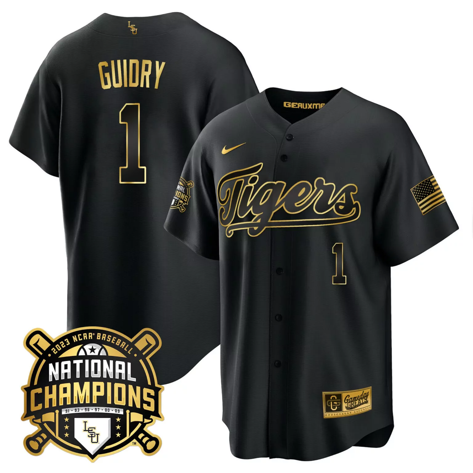 Weylin Guidry 1 Lsu Tigers Jersey Black 2023 National Champions Baseball Men Gold