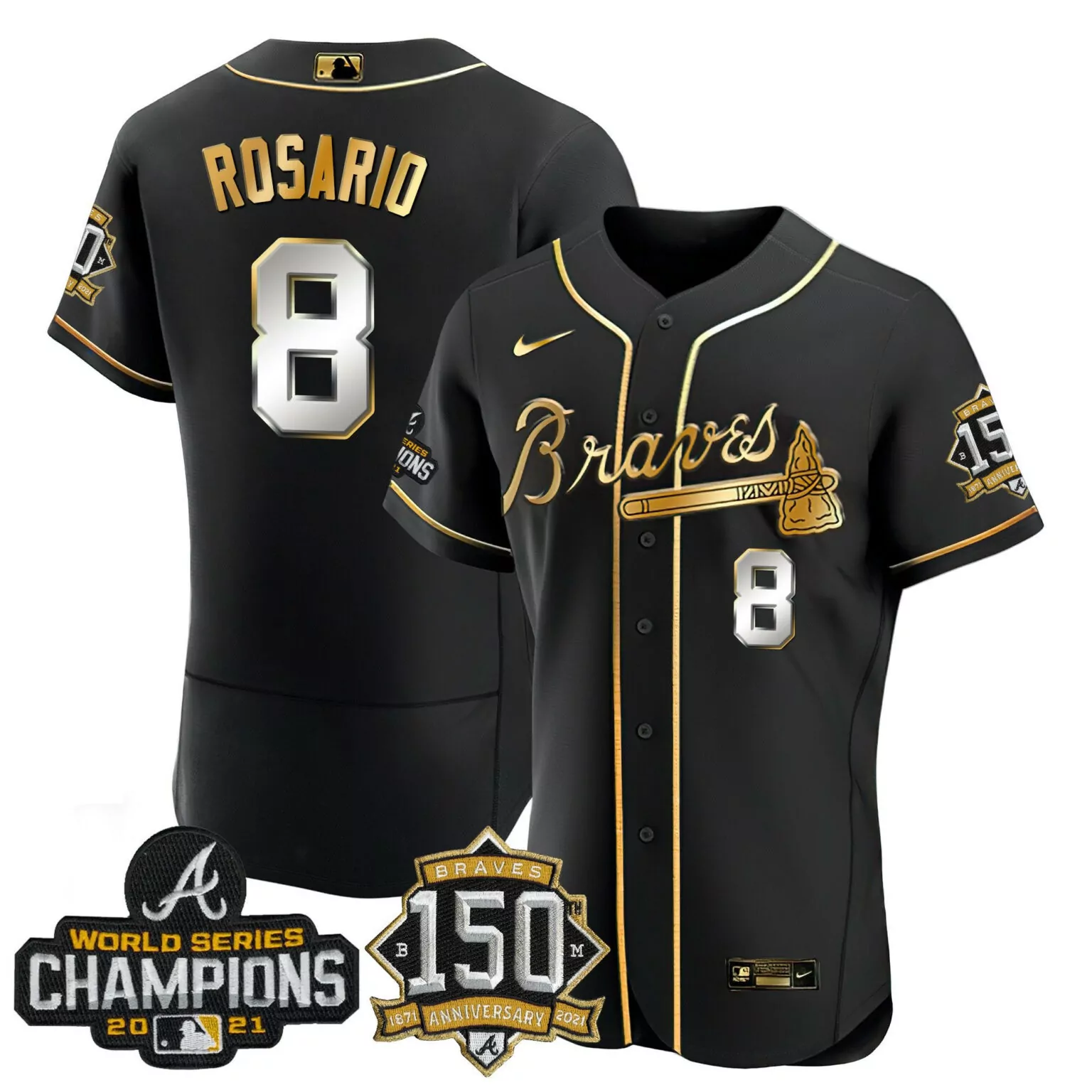 Eddie Rosario 8 Braves Jersey Black World Series Champions 2021 150th Anniversary 1871-2021