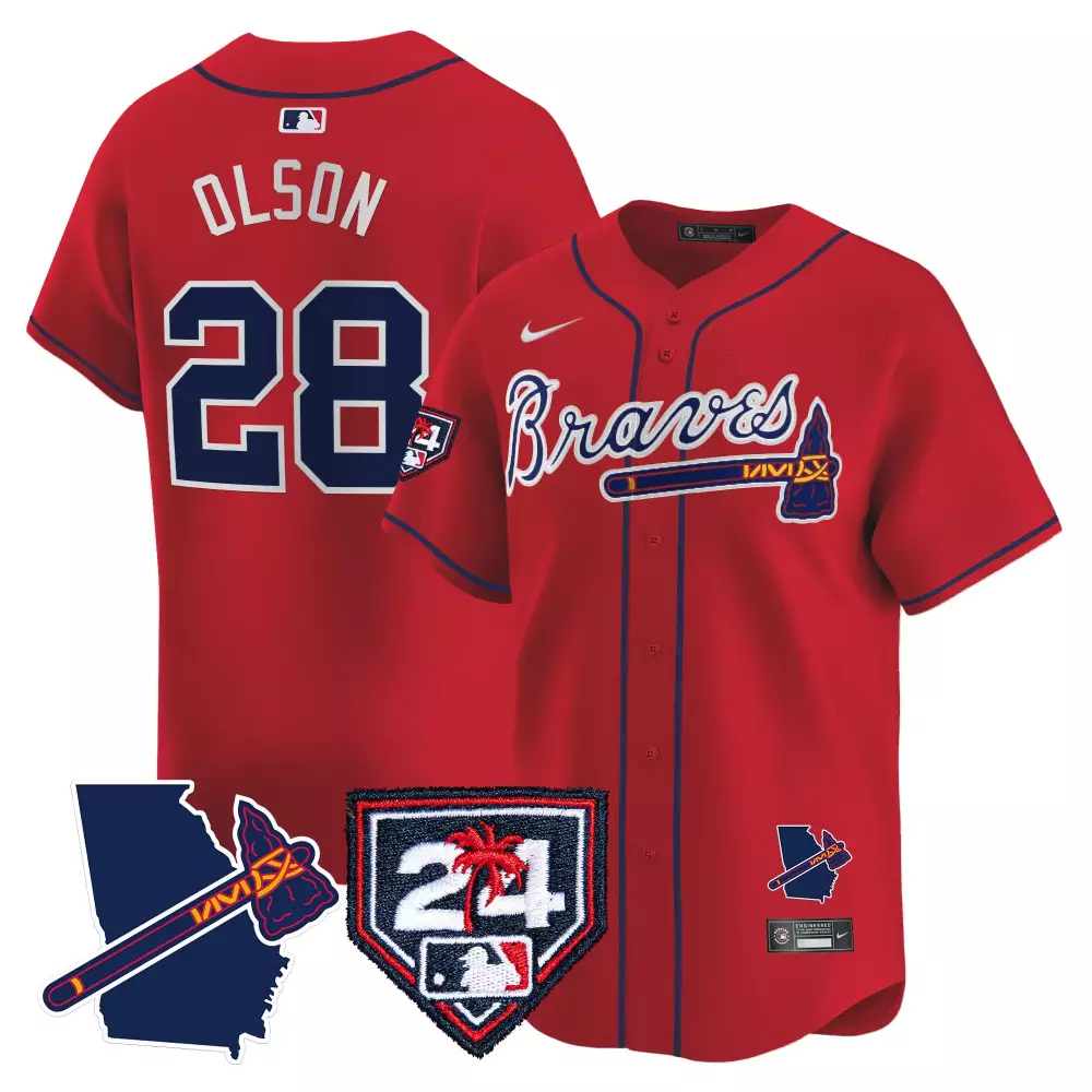 Olson 28 Braves Jersey Red 2021 Nl East Champions Georgia Outline Tomahawk Men Blue