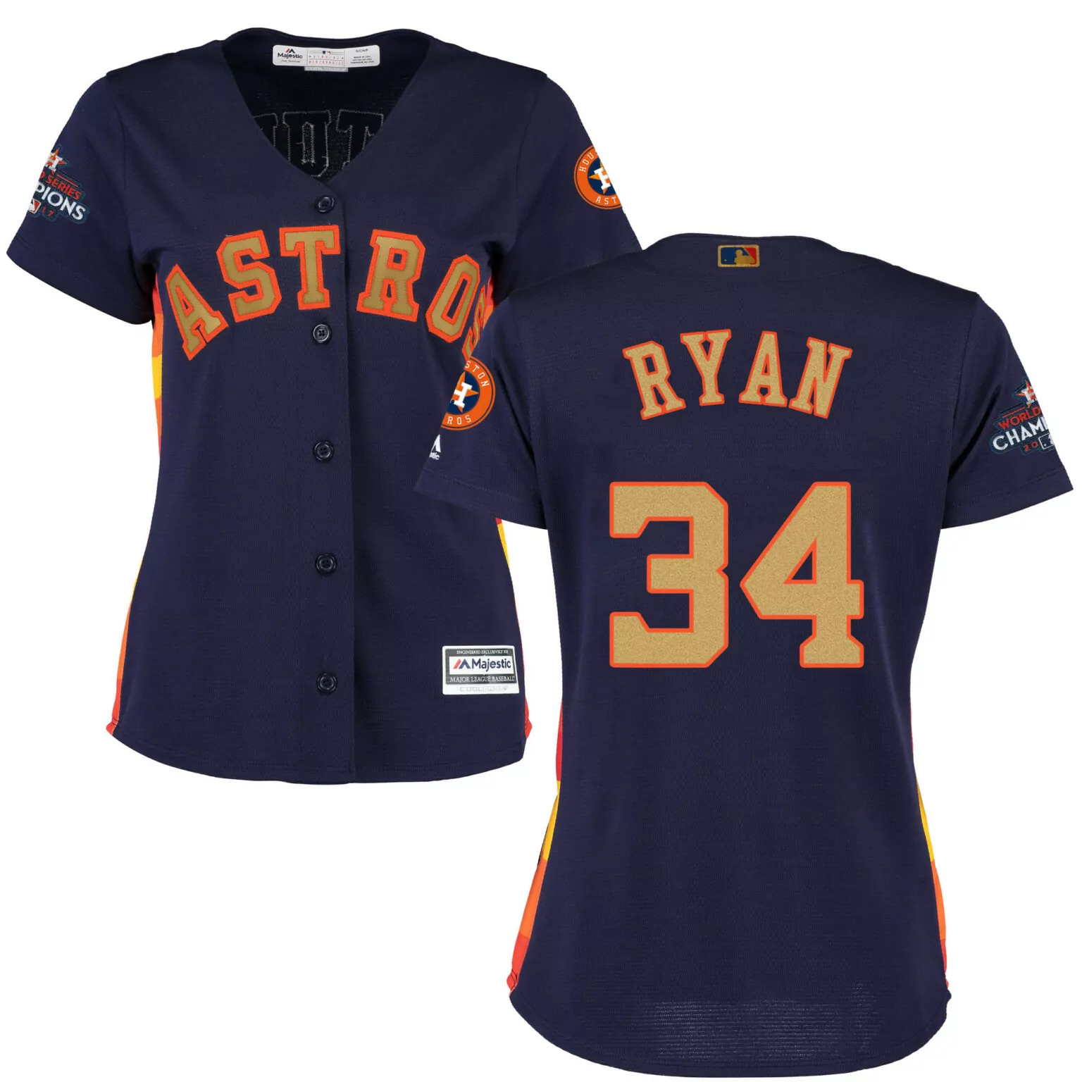 Nolan Ryan 34 Astros Jersey Navy World Series Champions 2017 Women Button-down Orange