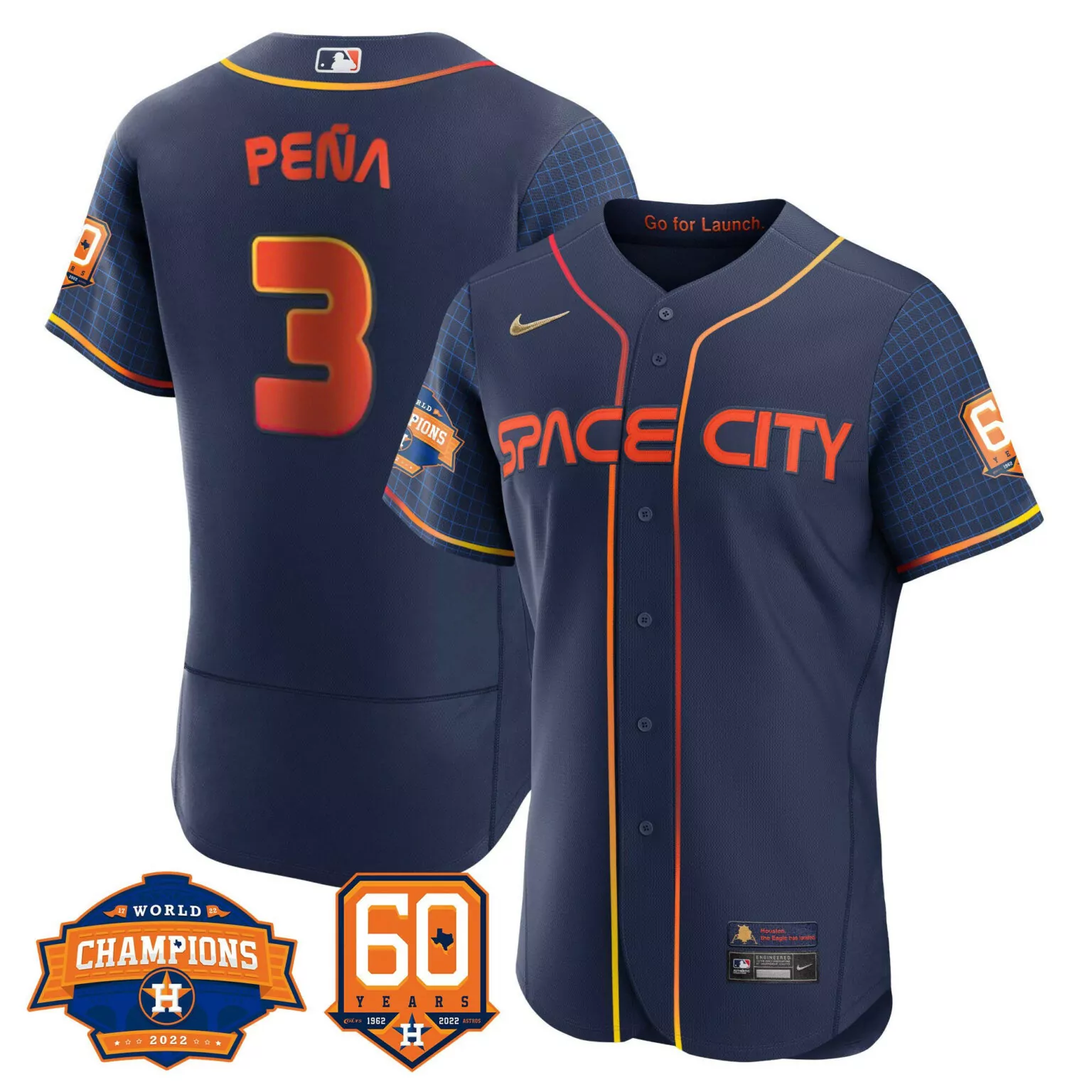 Jeremy Pena 3 Houston Astros Jersey Navy Space City World Champions 2022 60 Years 1962-2022